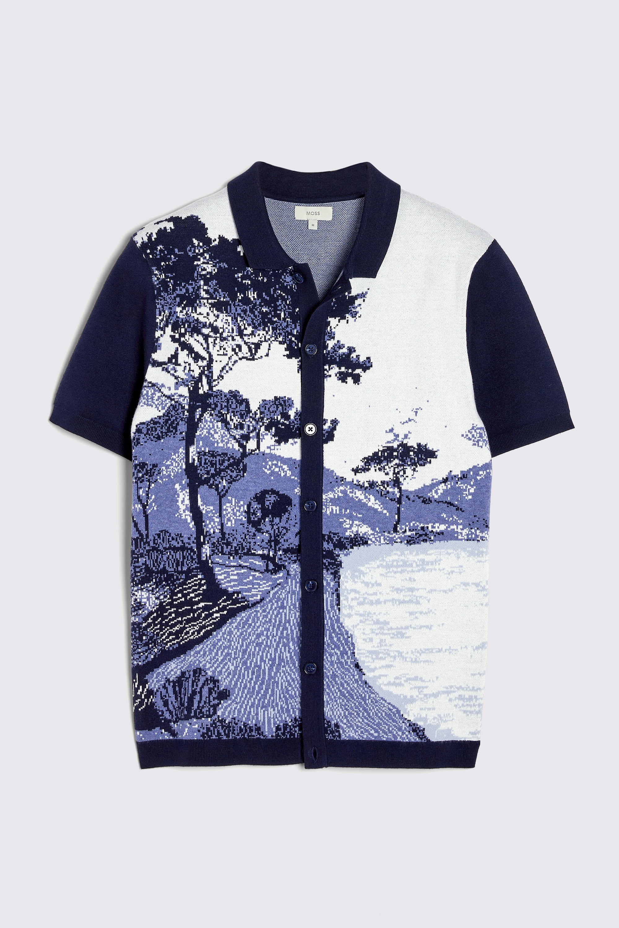 Blue Landscape Jacquard Knitted Cuban Shirt