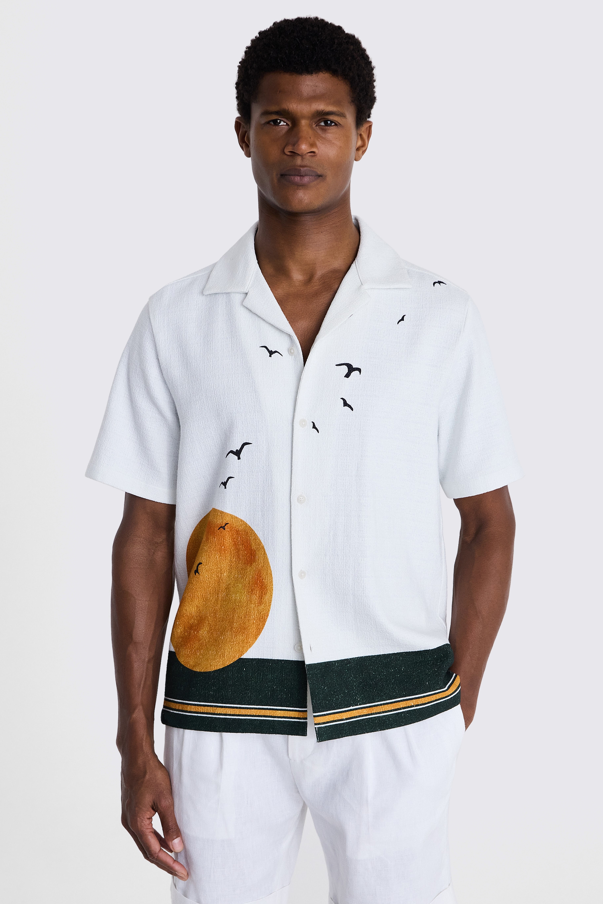 Off white and Green Sun Print Cuban Collar Shirt