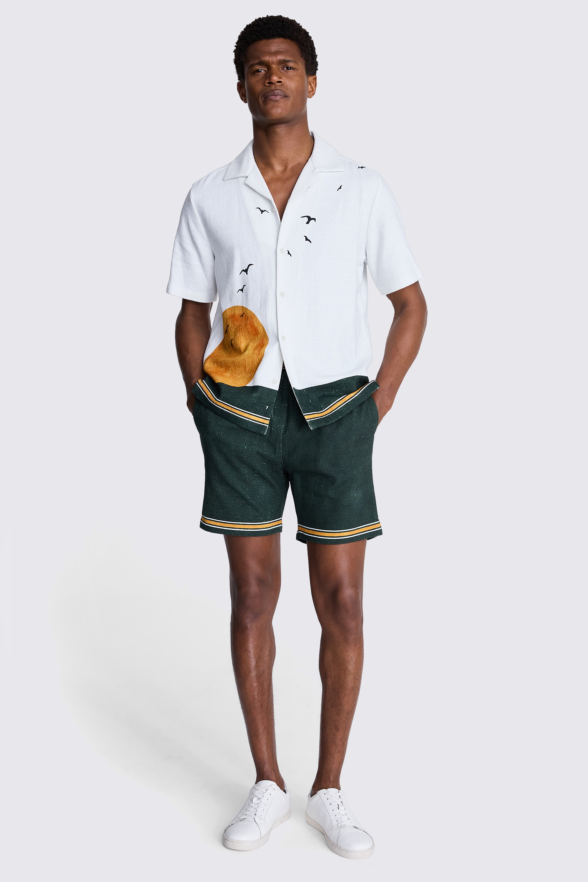 Off white and Green Sun Print Cuban Collar Shirt
