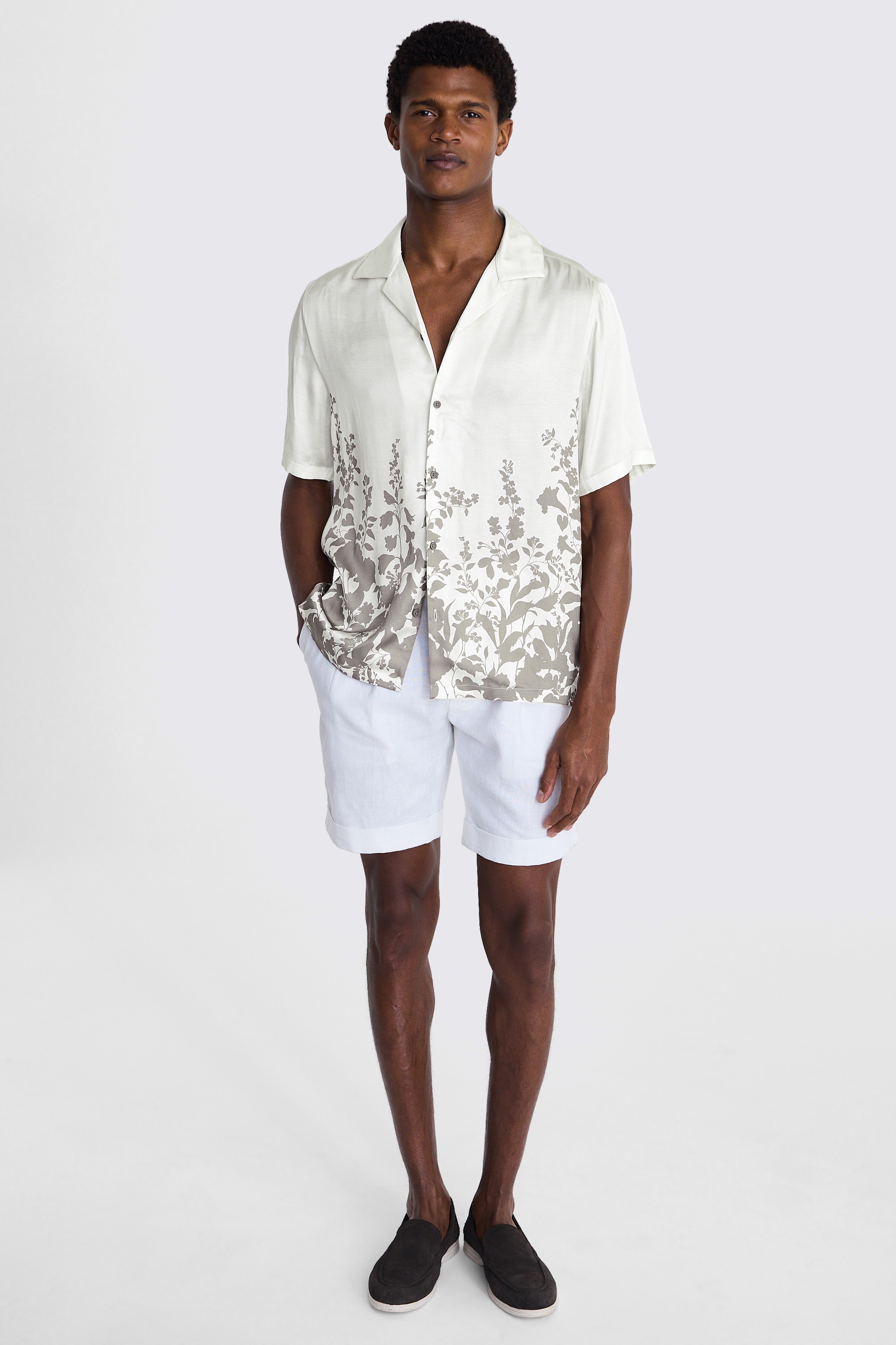 Taupe Floral Print Cuban Collar Shirt