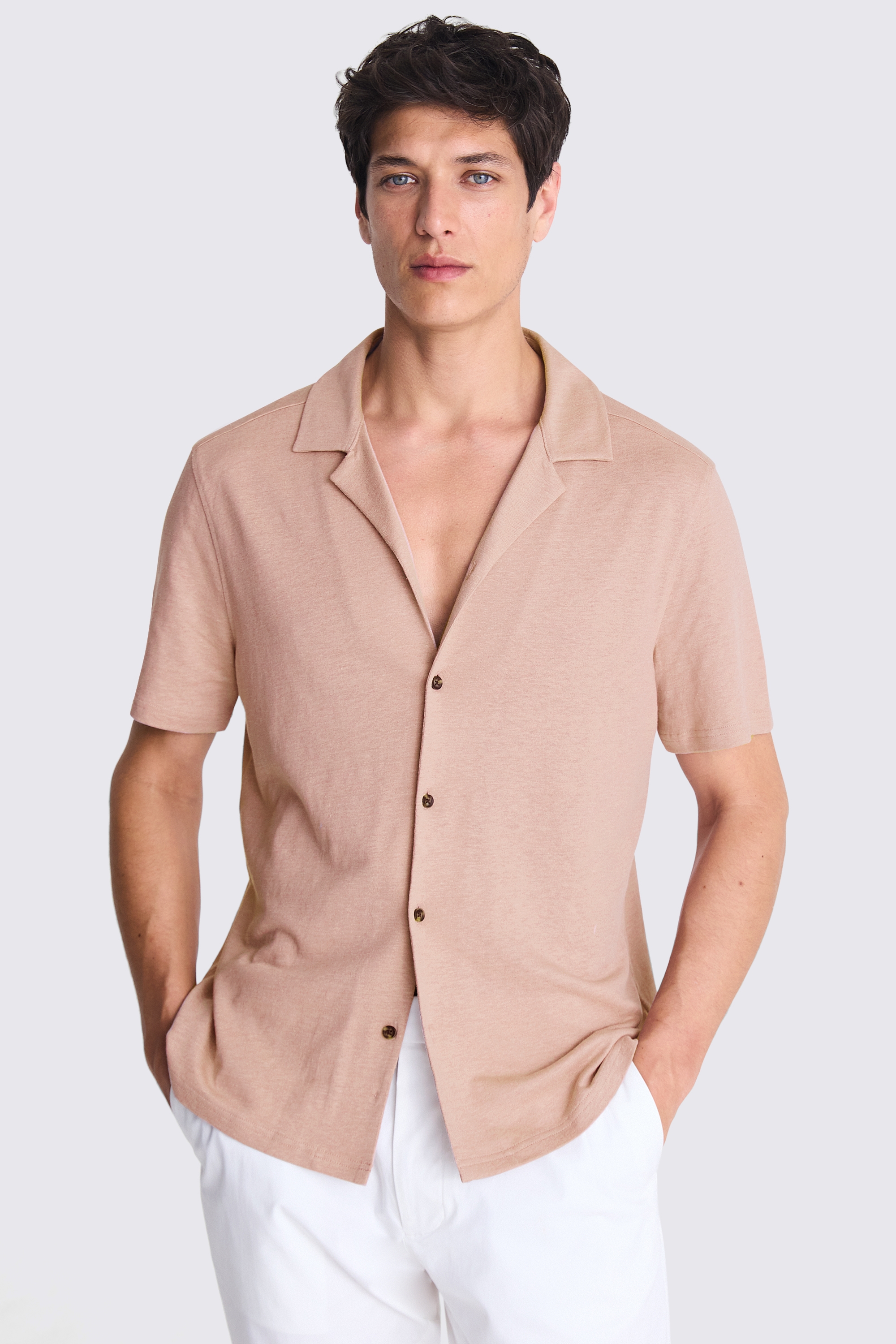 Pink Linen Blend Knitted Cuban Collar Shirt