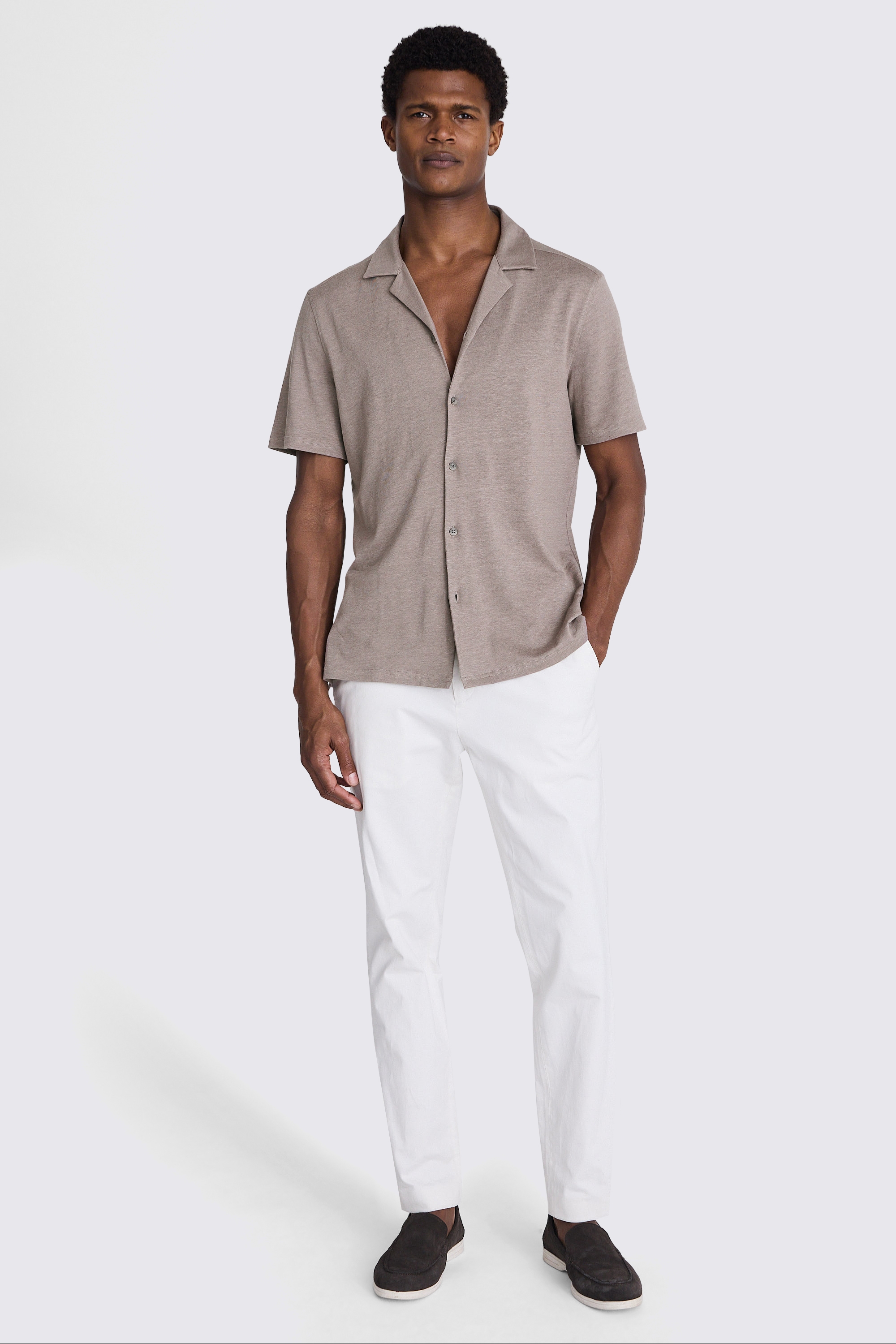 Dark Taupe Linen Blend Knitted Cuban Collar Shirt | Buy Online at Moss