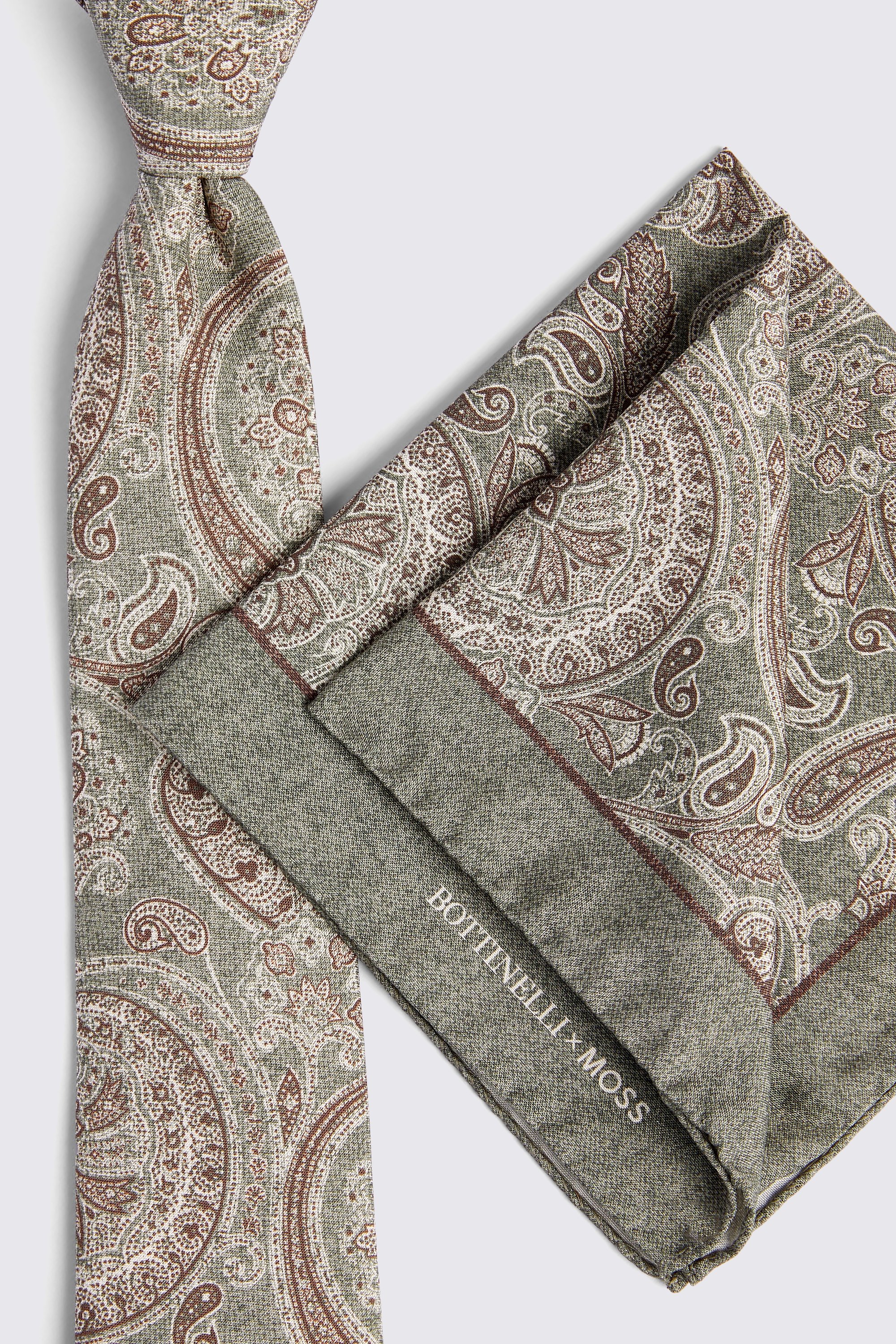 Bottinelli Sage Silk Paisley Pocket Square
