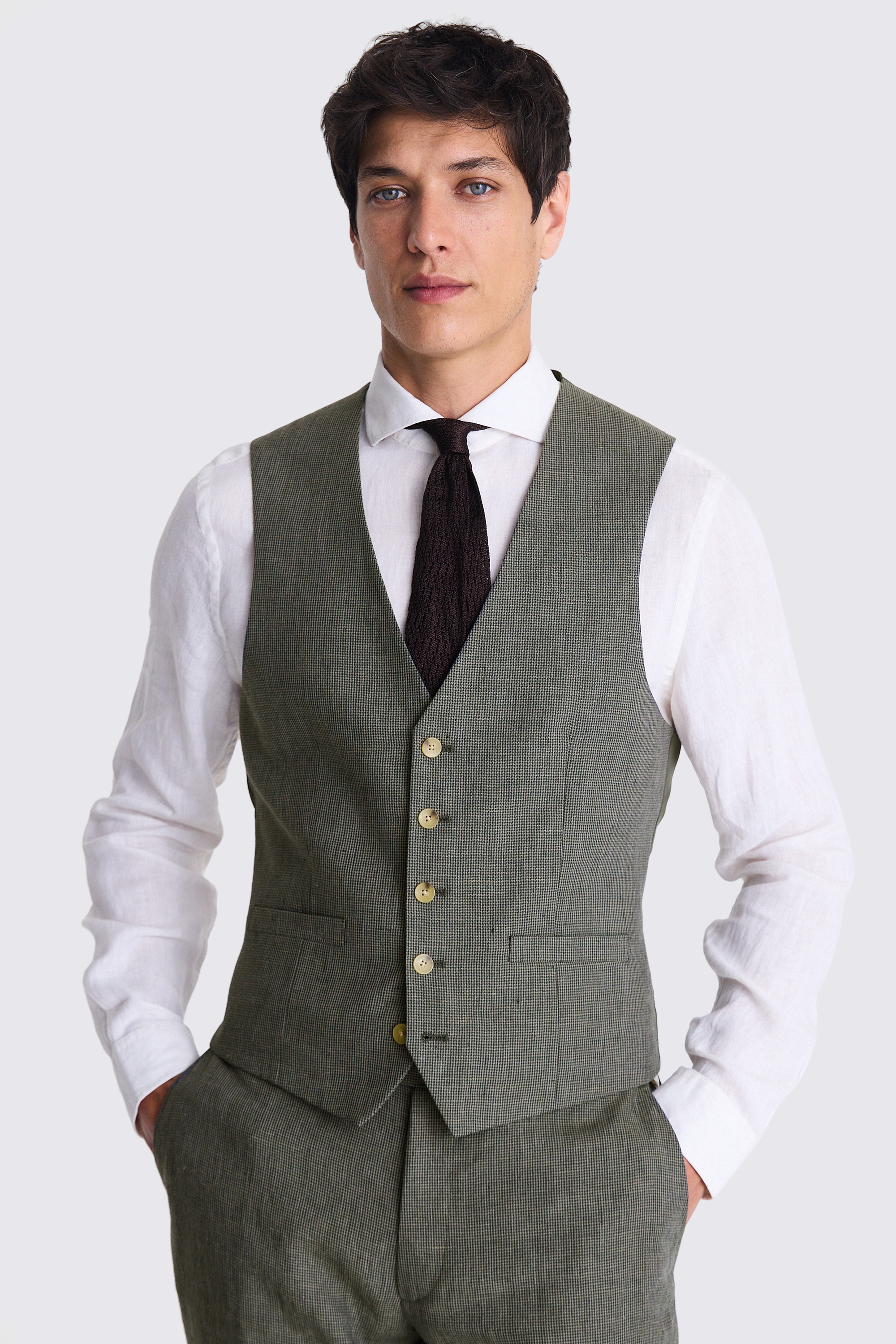 Slim Fit Green Puppytooth Linen Waistcoat