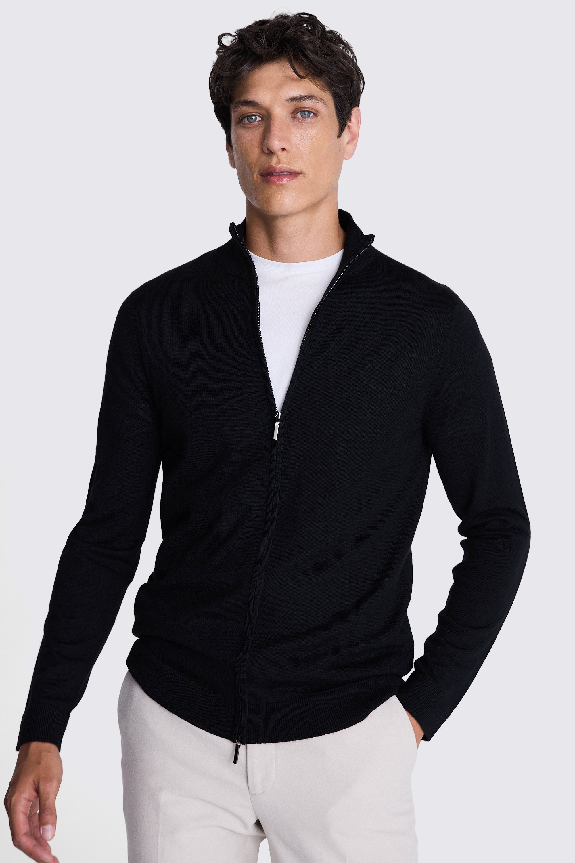 Black Merino-Blend Zip Down Funnel-Neck