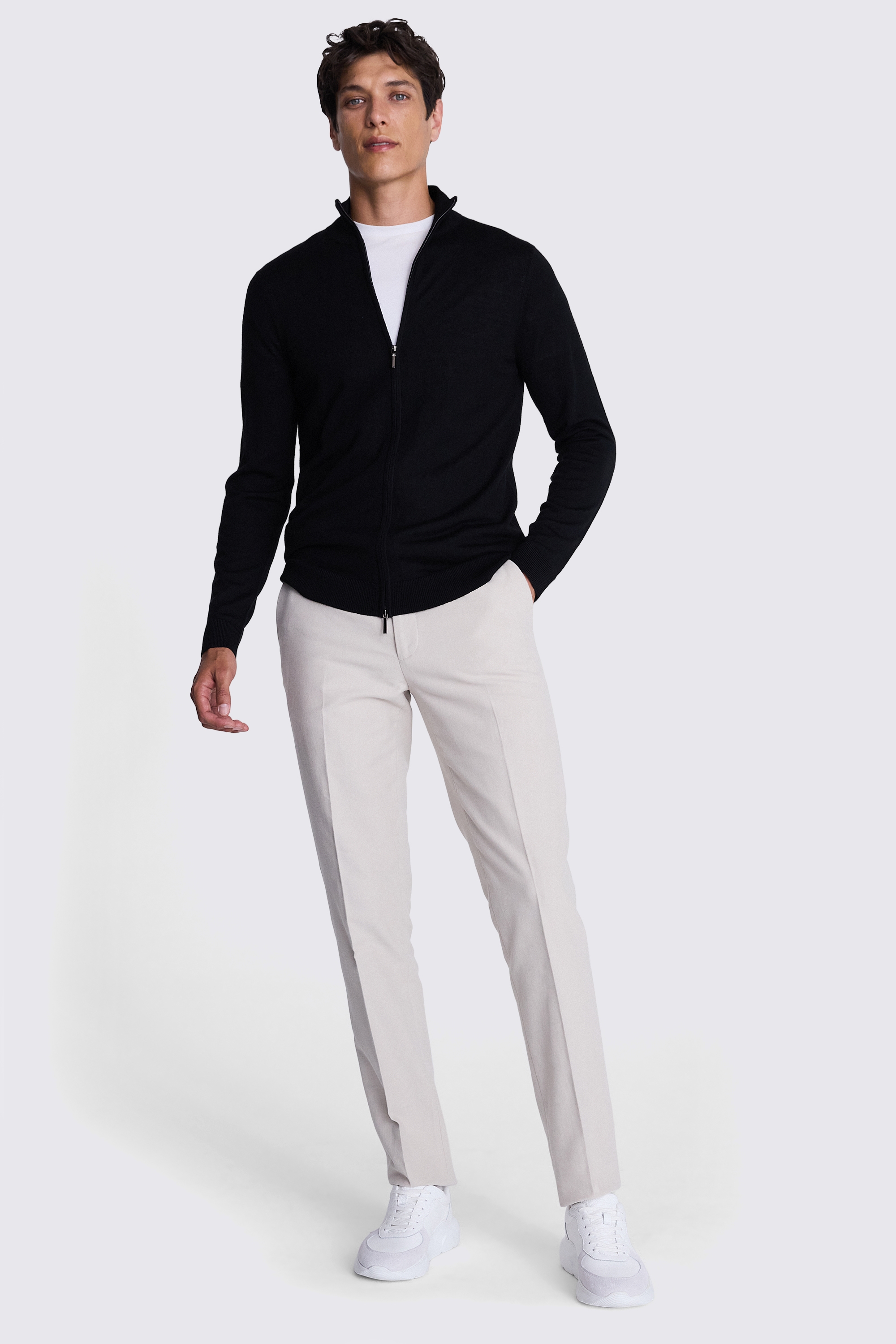 Black Merino-Blend Zip Down Funnel-Neck