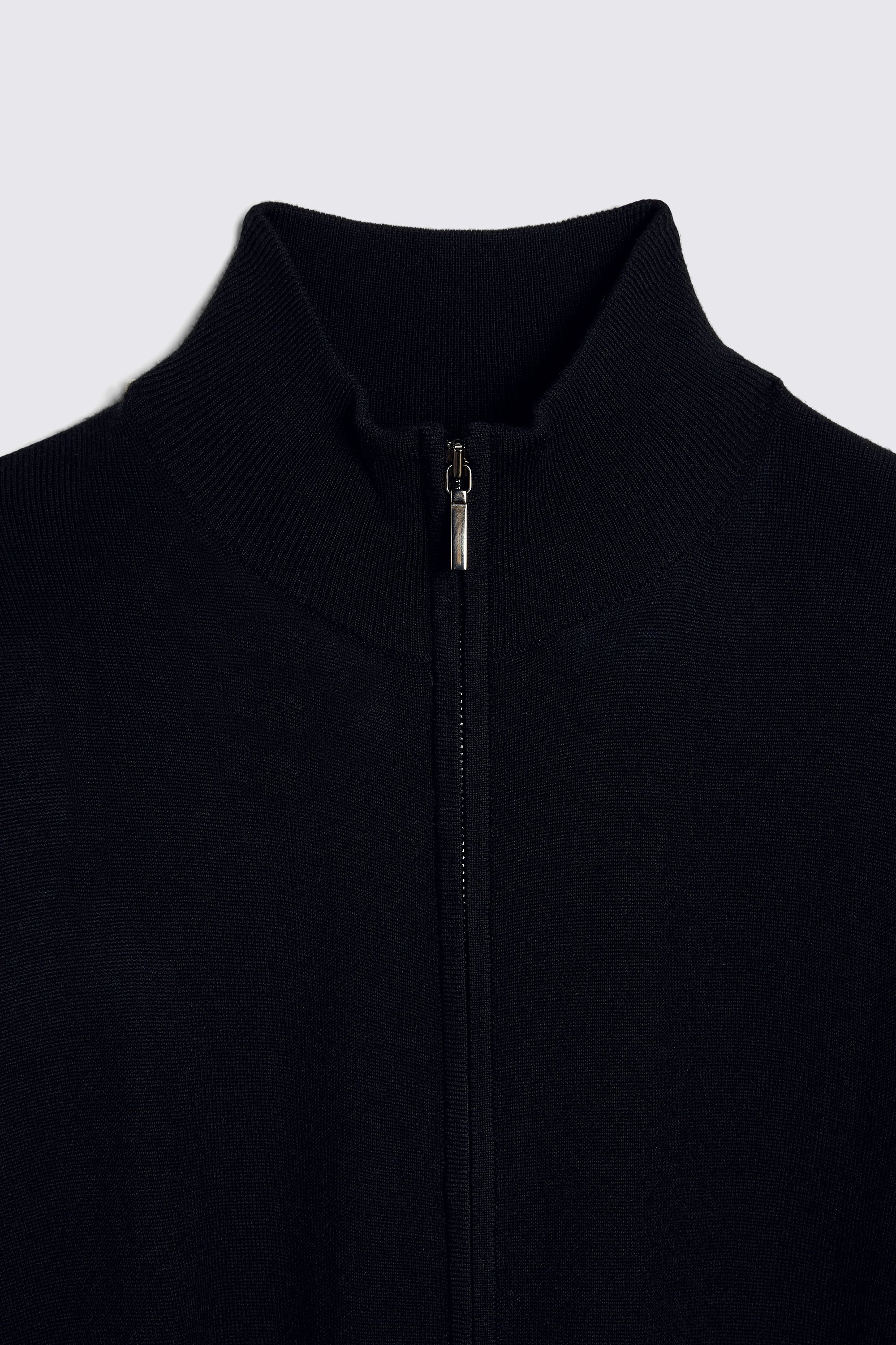 Black Merino-Blend Zip Down Funnel-Neck