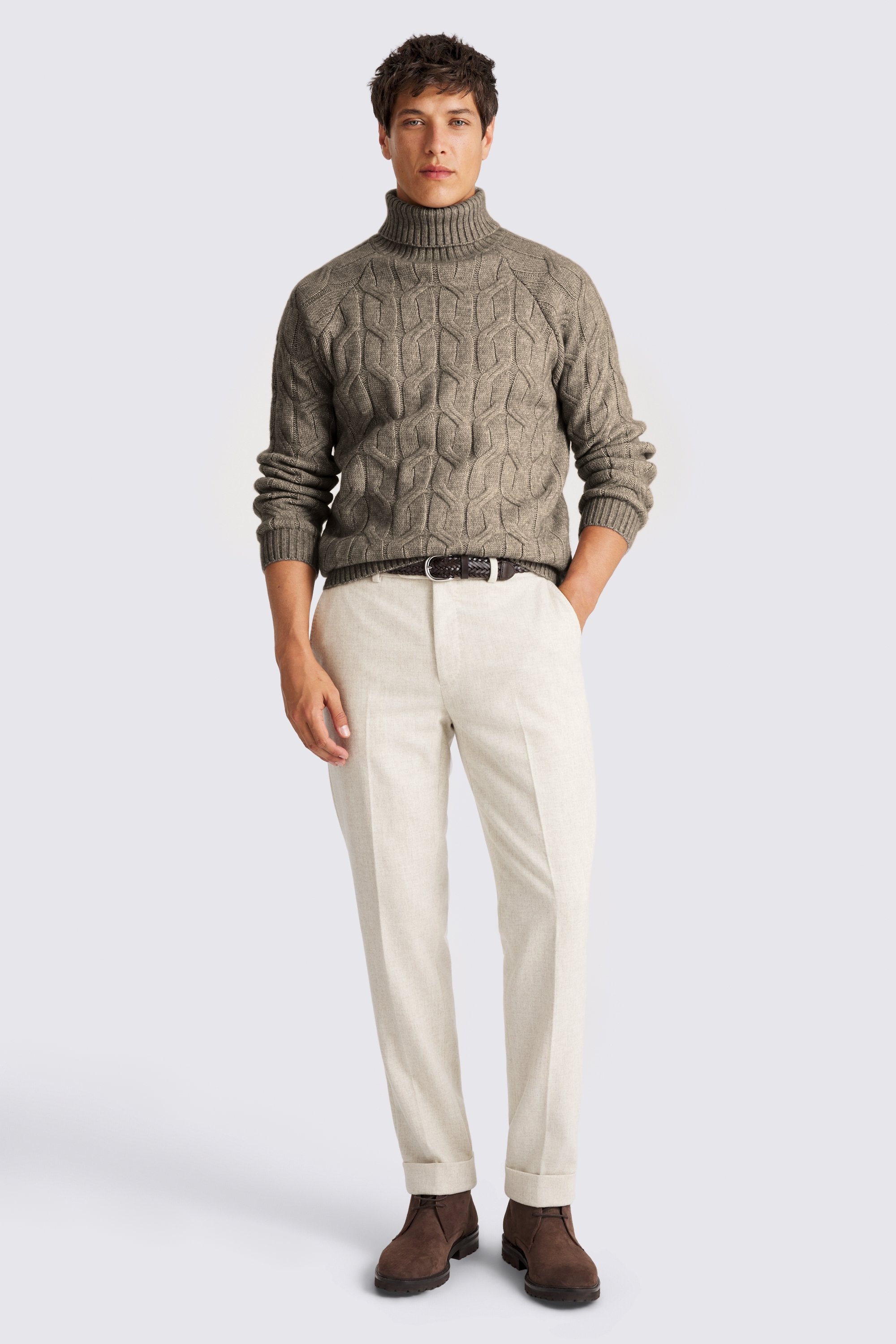 Taupe Cable Roll Neck Jumper