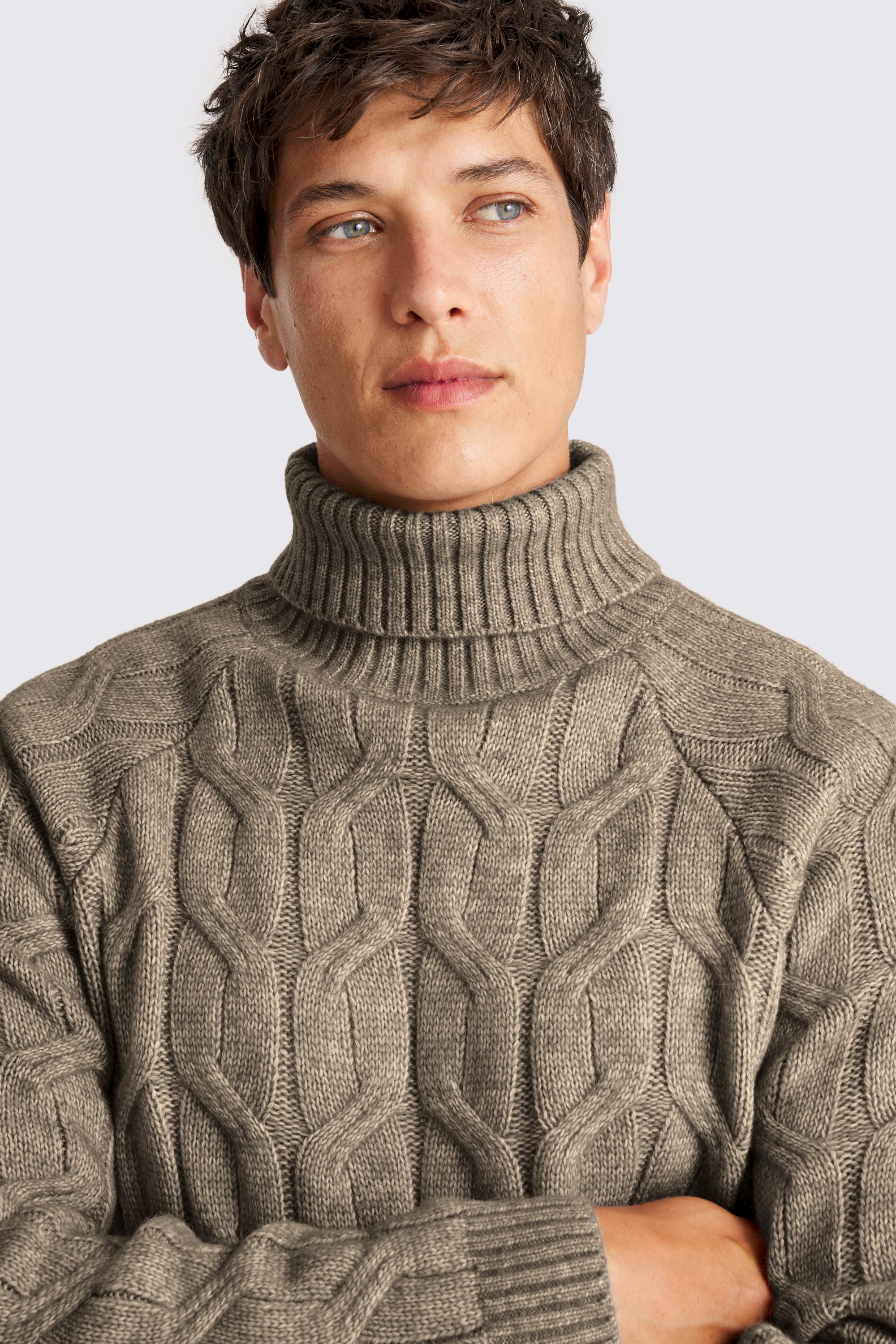 Taupe Cable Roll Neck Jumper