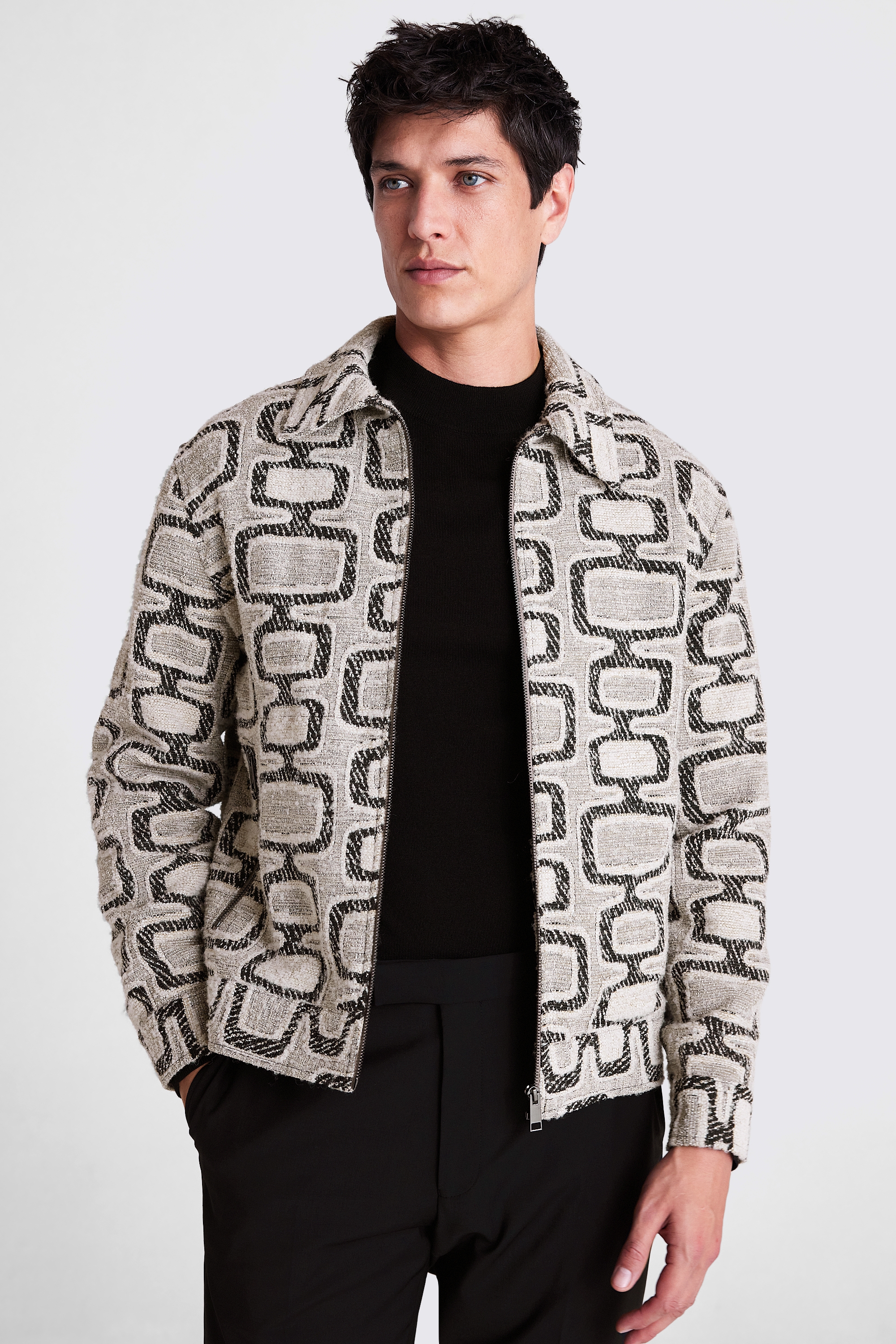 Black and Off-White Jacquard Zip Jacket