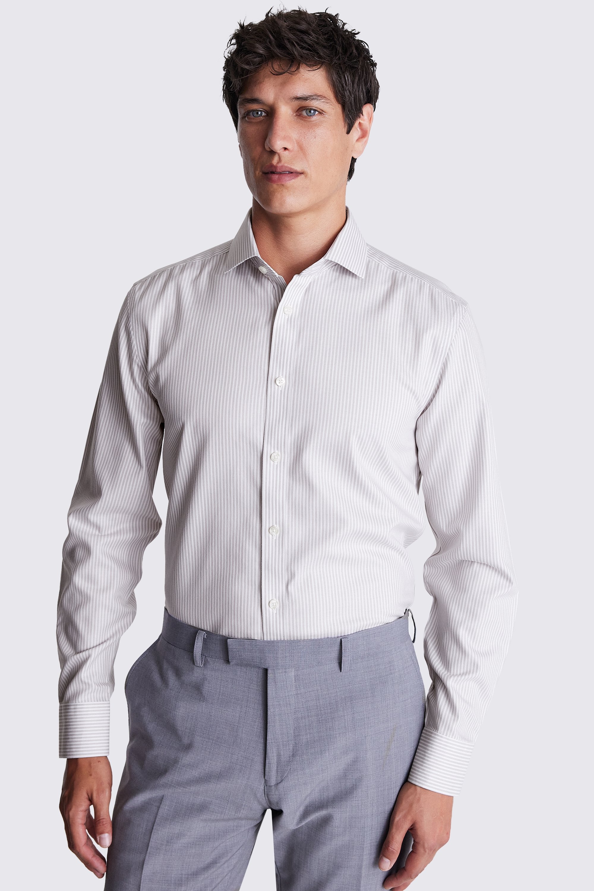 Tailored Fit Non-Iron Taupe Twill Stripe Shirt