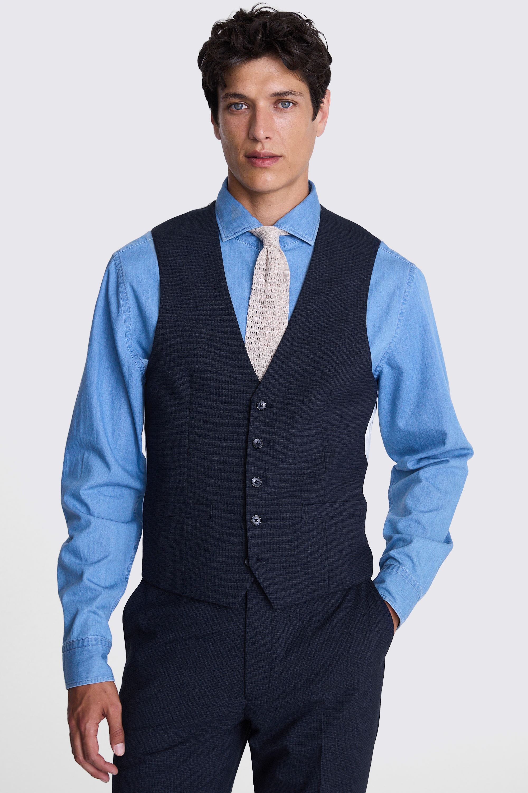 French Connection Slim Fit Blue Mini Check Waistcoat