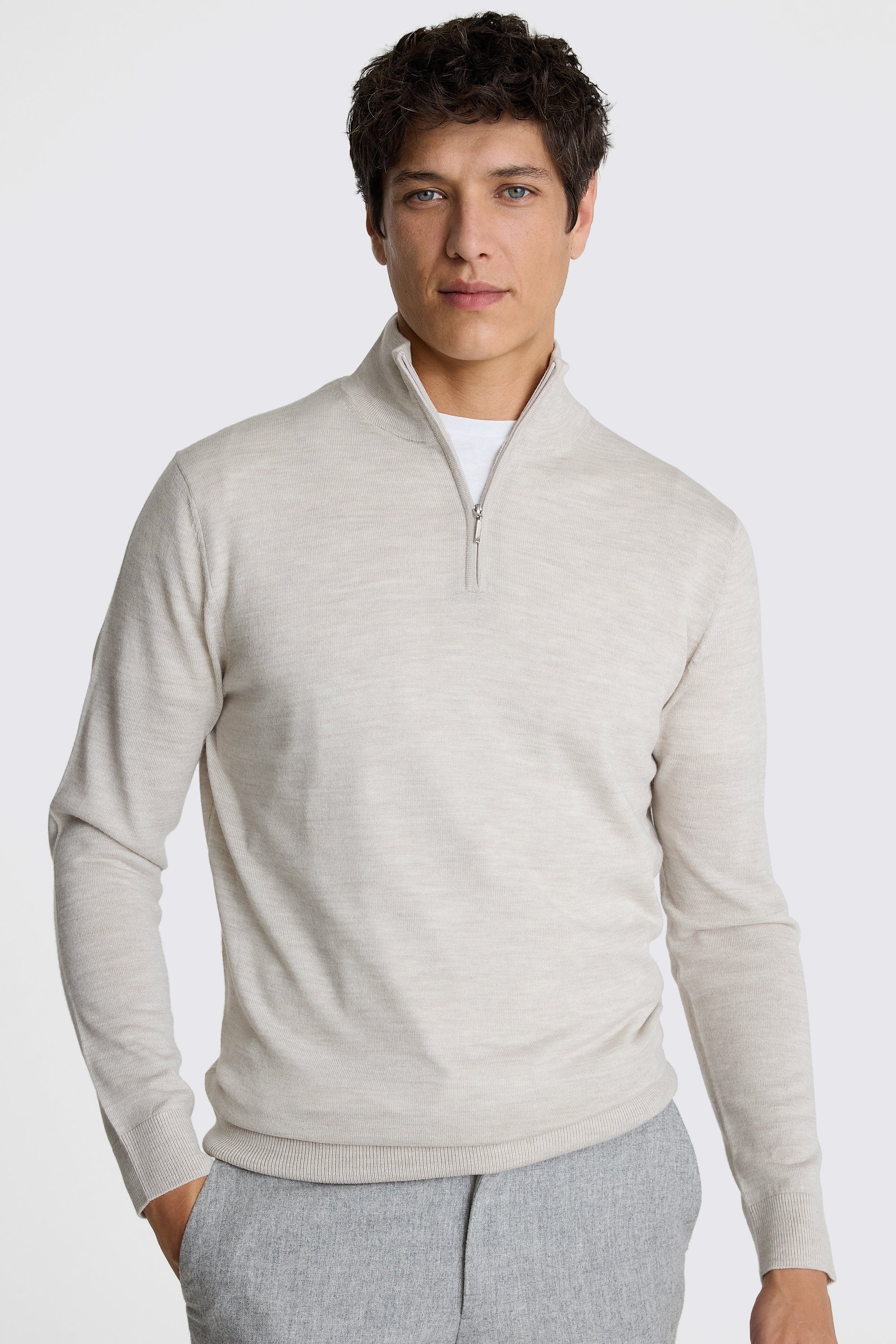 Oatmeal Merino-Blend Zip-Neck Jumper