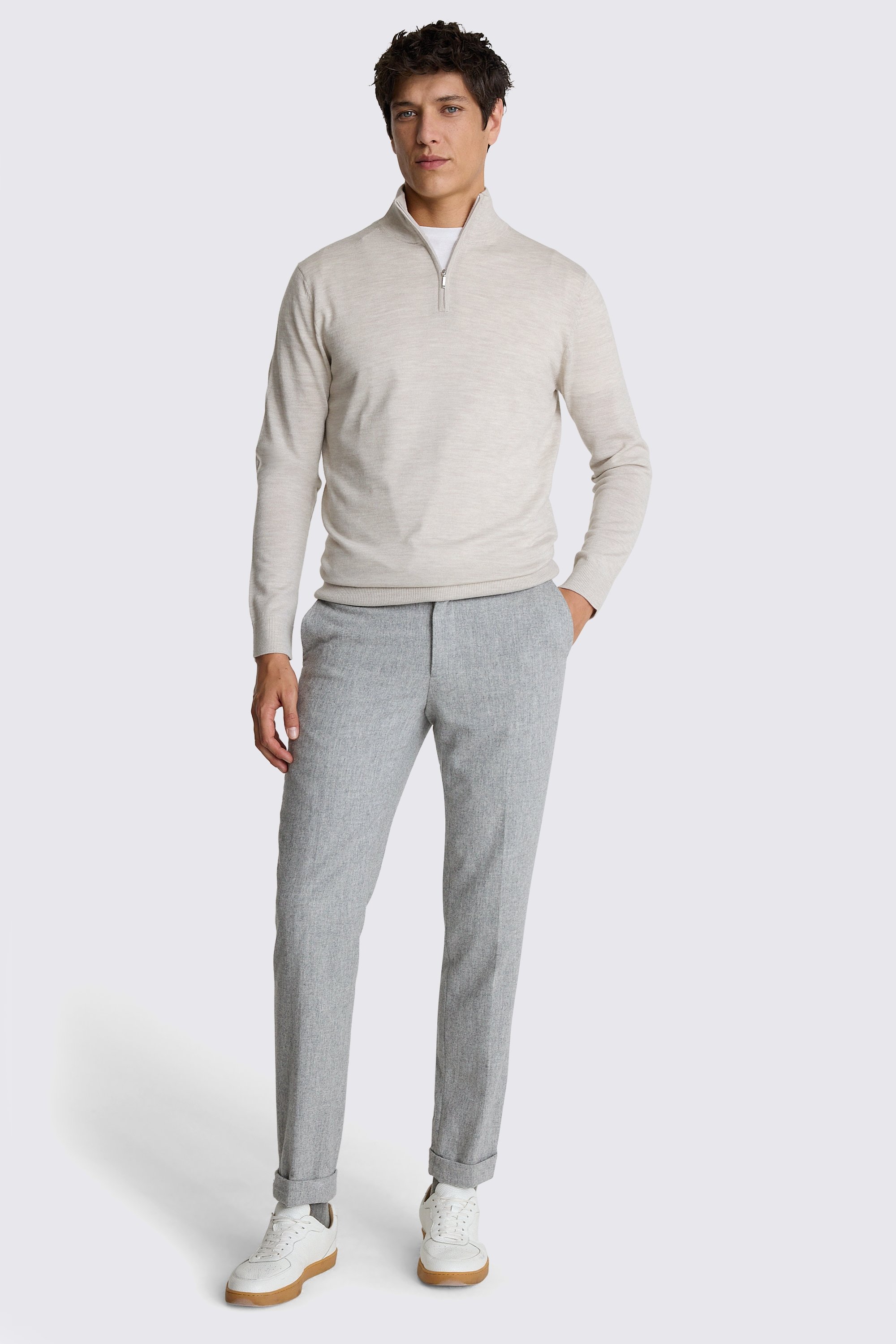 Oatmeal Merino-Blend Zip-Neck Jumper