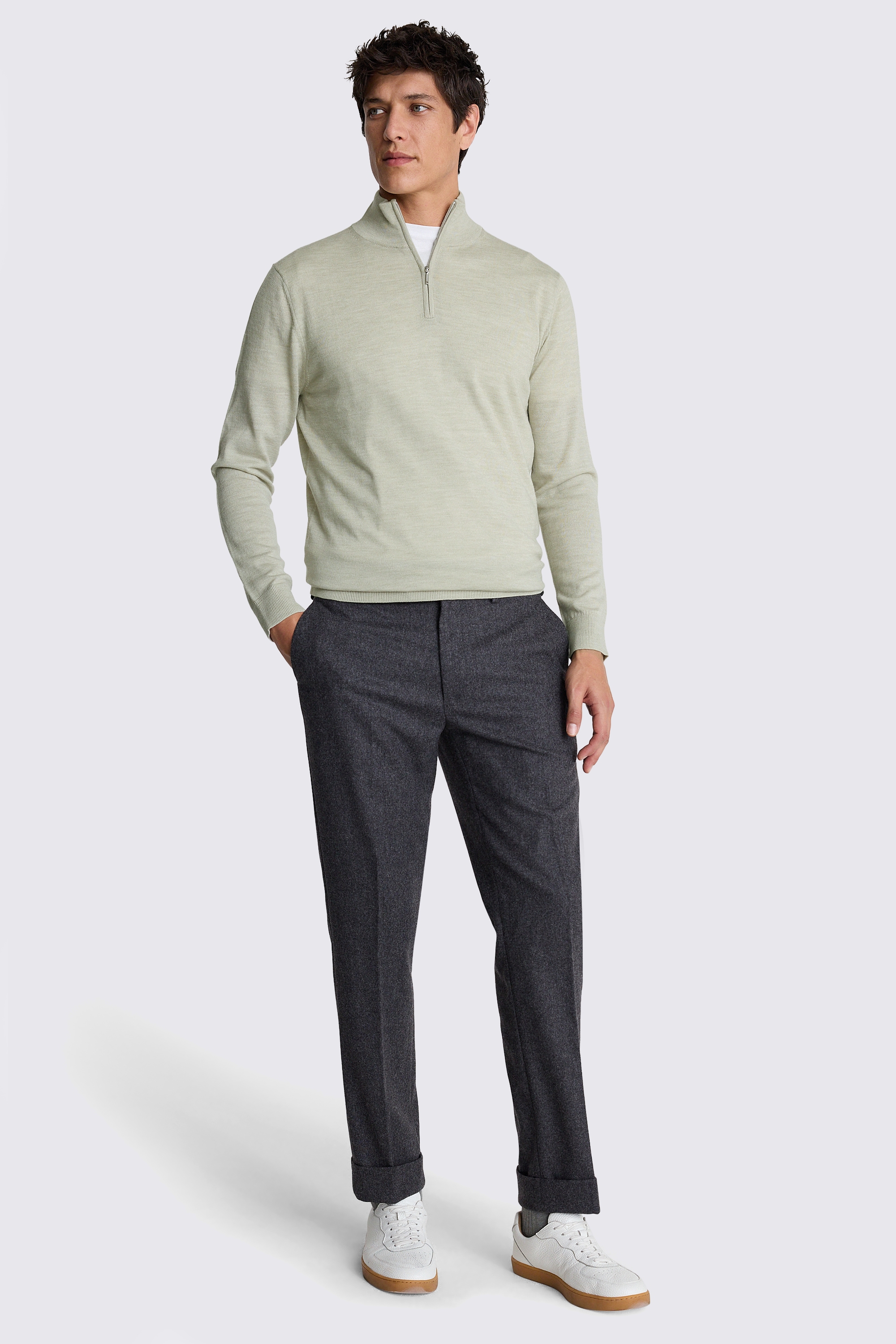 Light Sage Merino Zip-Neck Jumper