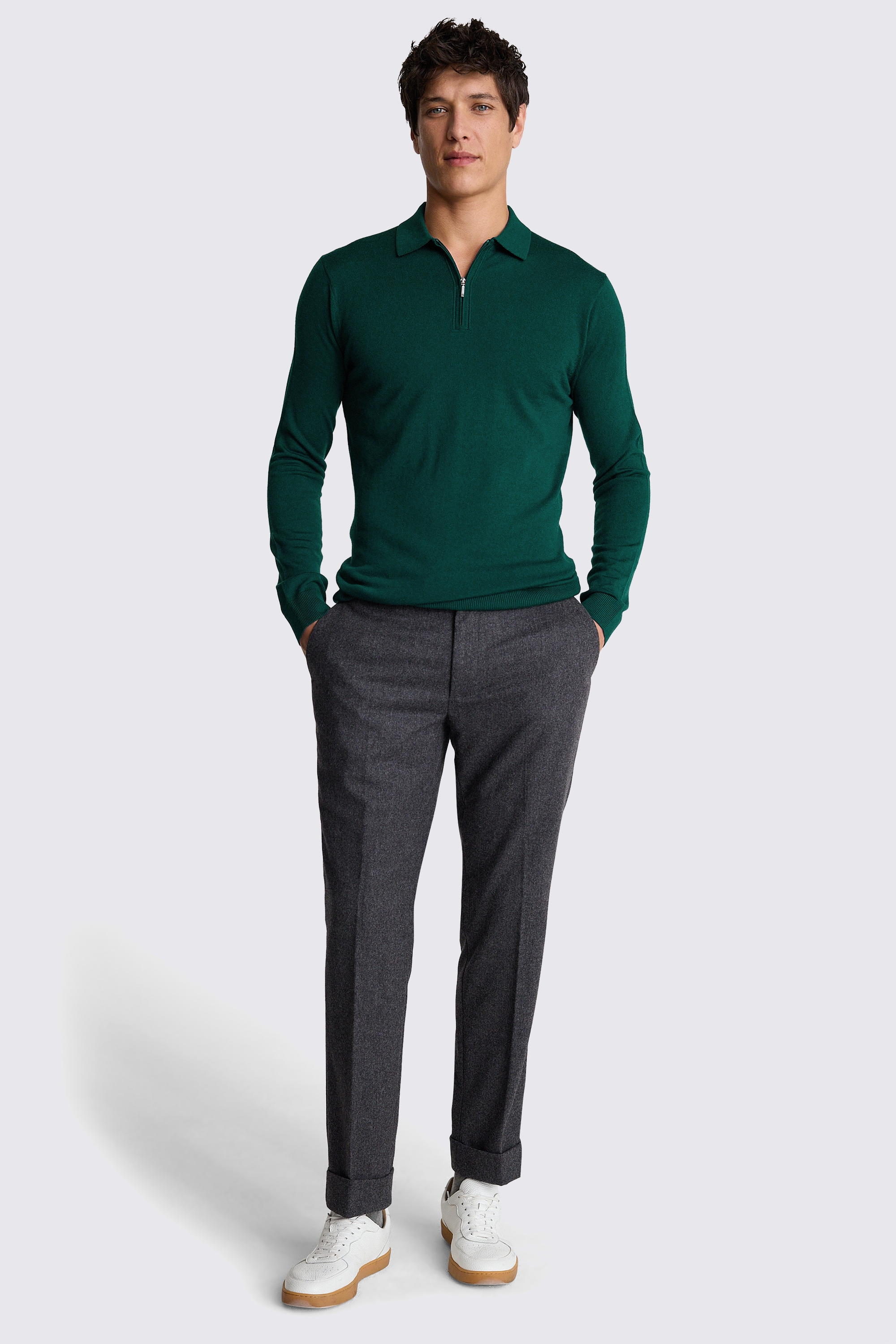 Emerald Green Merino Zip-Neck Polo Shirt