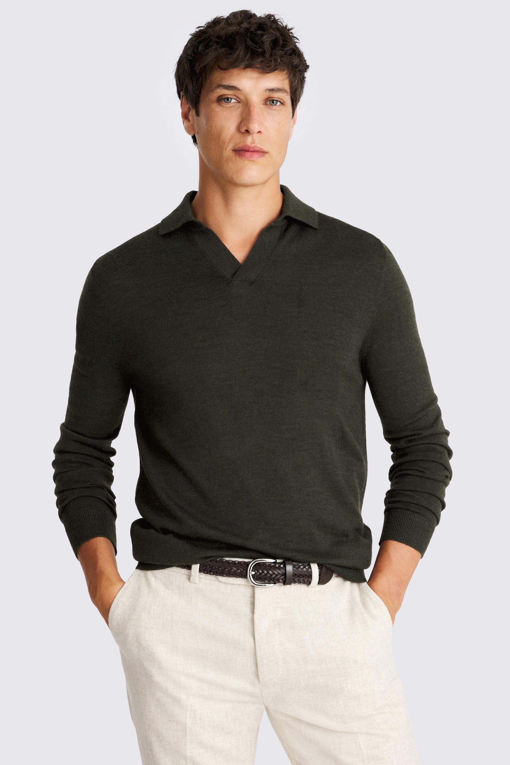 Khaki Merino-Blend Skipper Polo