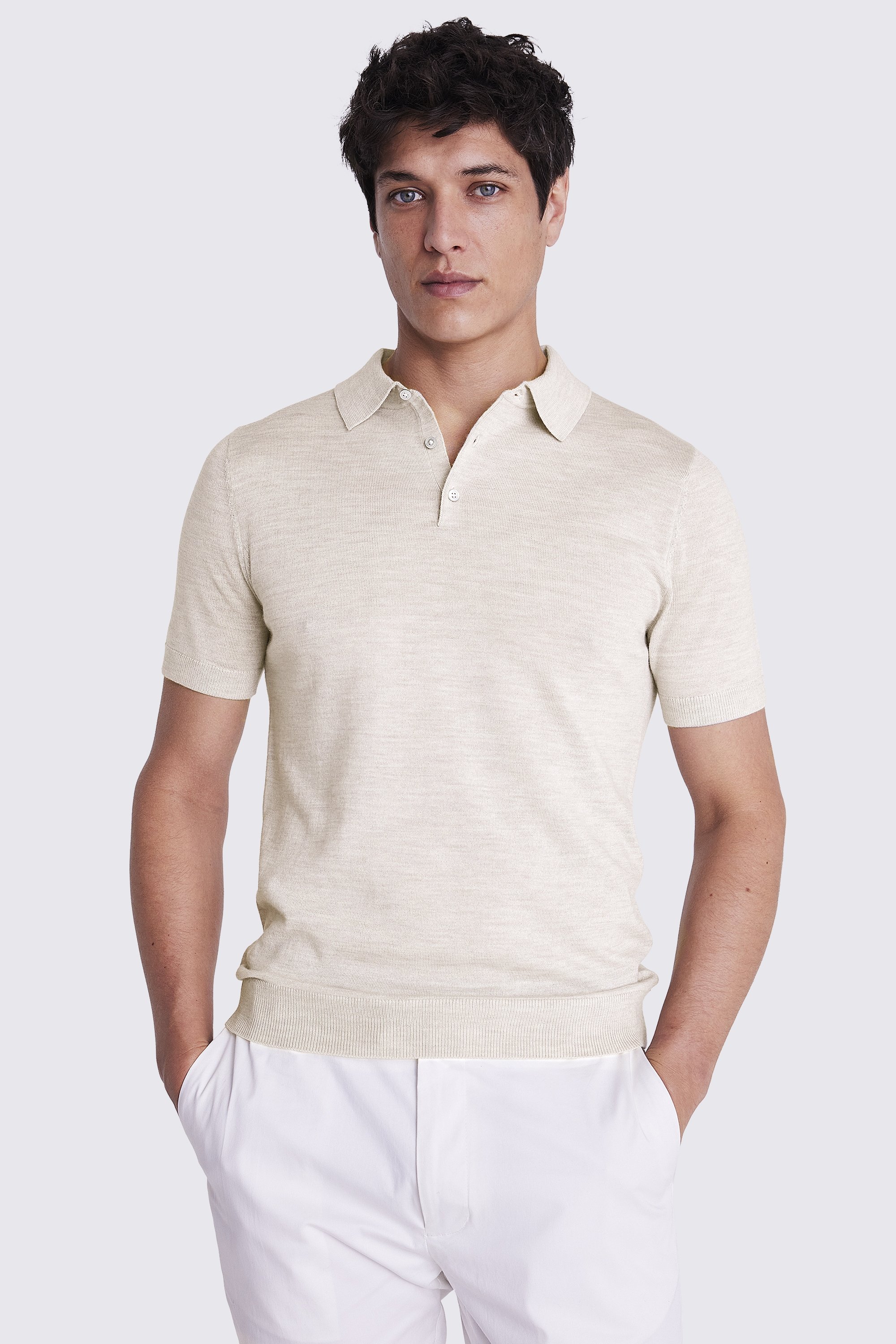 Oatmeal Merino Knitted Polo Shirt