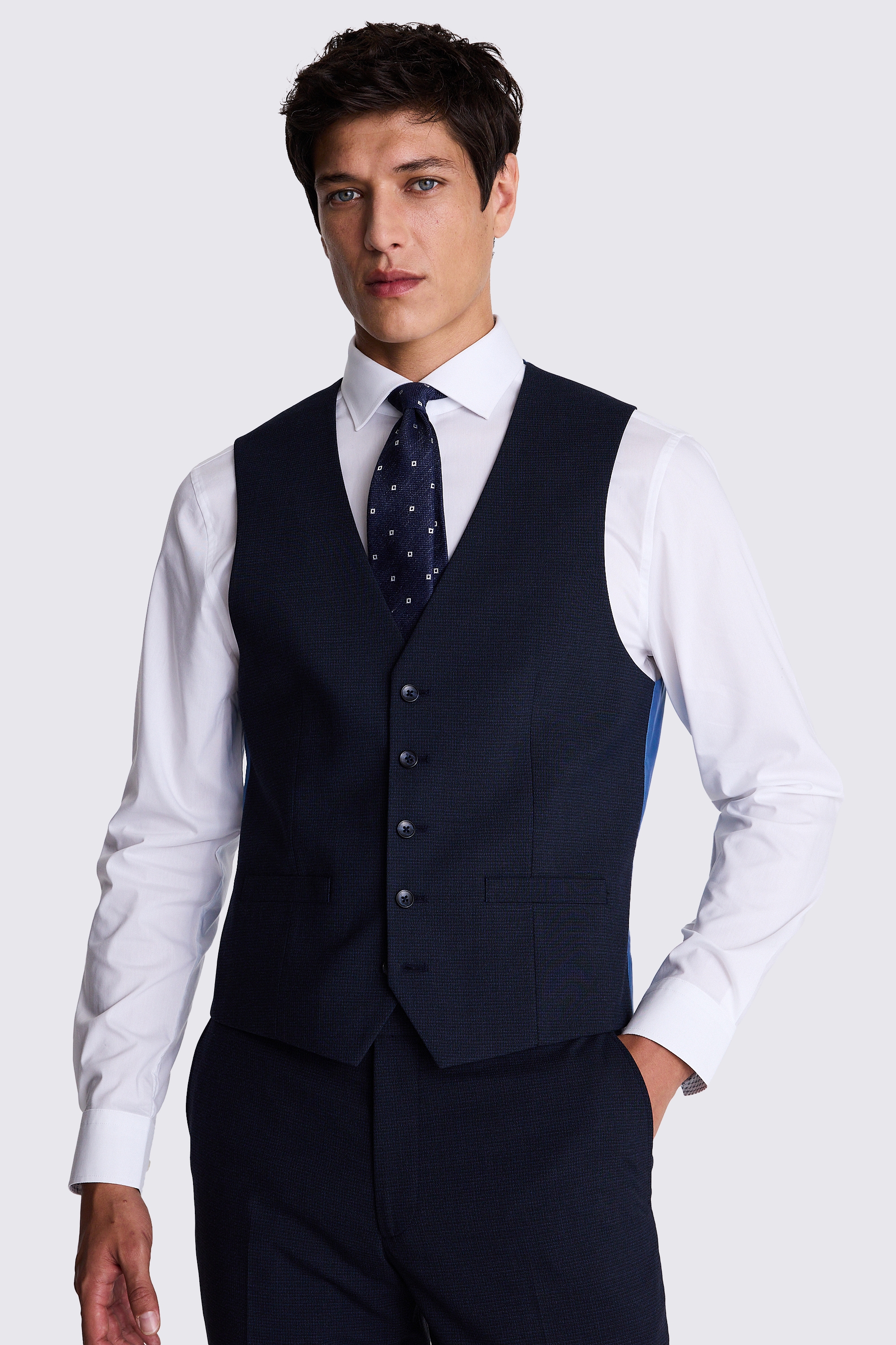 French Connection Slim Fit Blue Mini Check Waistcoat