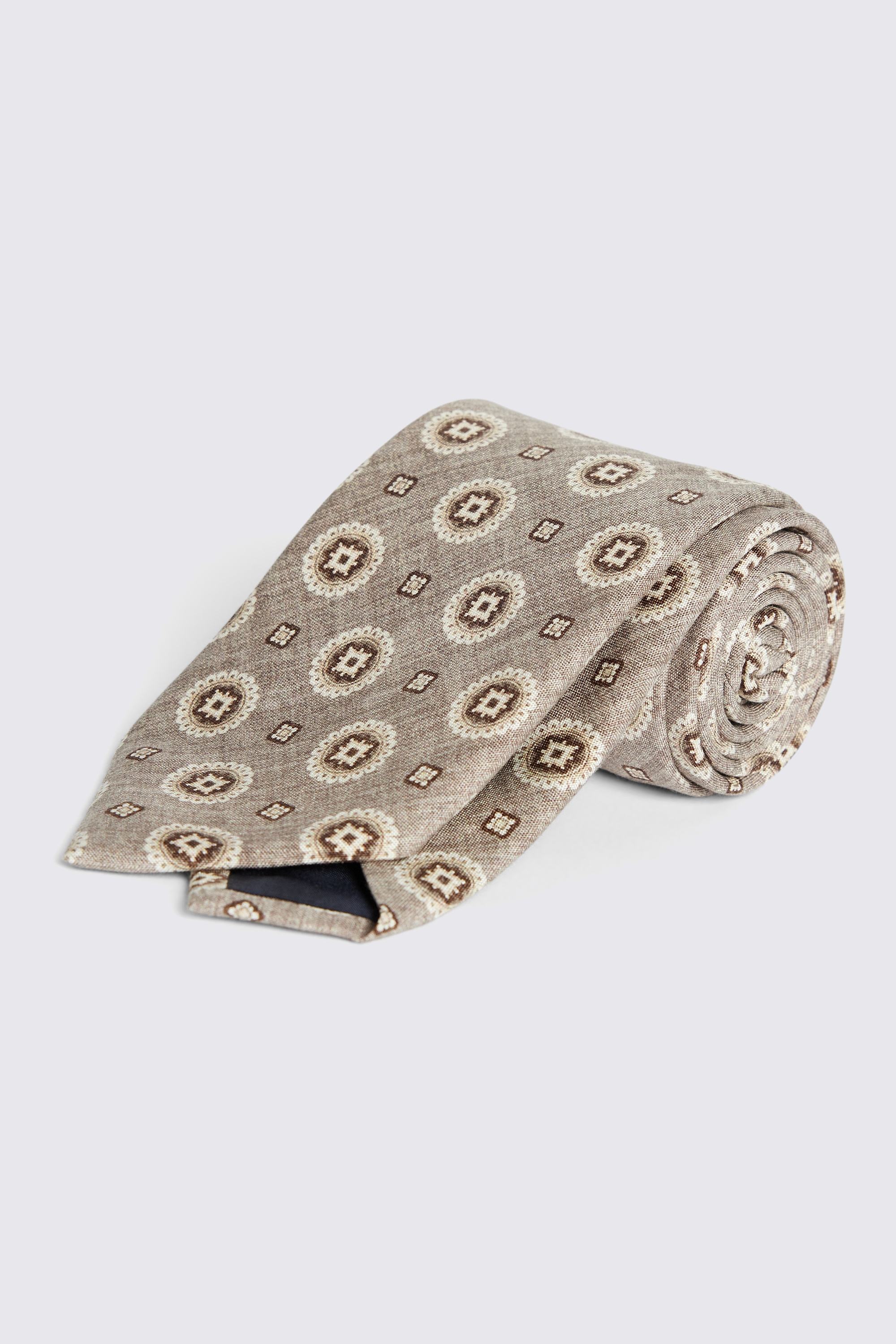 Bottinelli Taupe Medallian Print Silk Tie