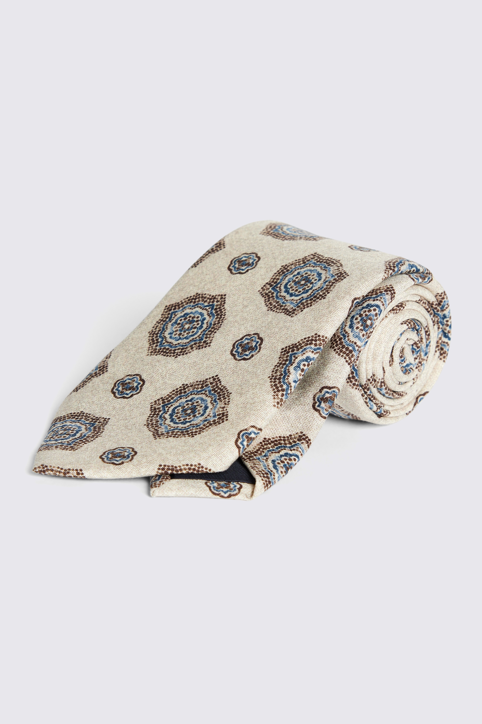 Bottinelli Neutral Medallion Print Silk Tie