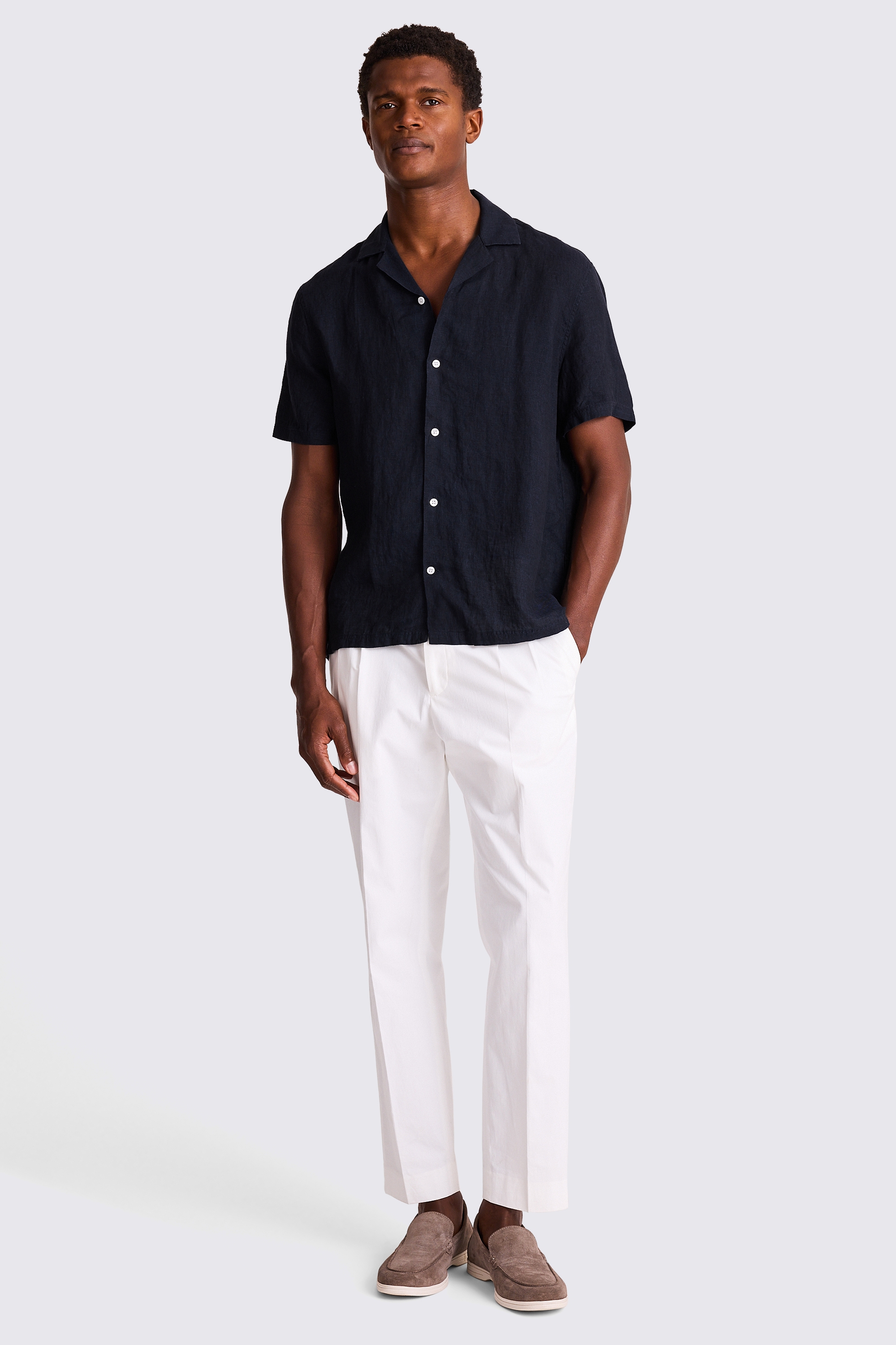 Navy Cuban Collar Linen Shirt