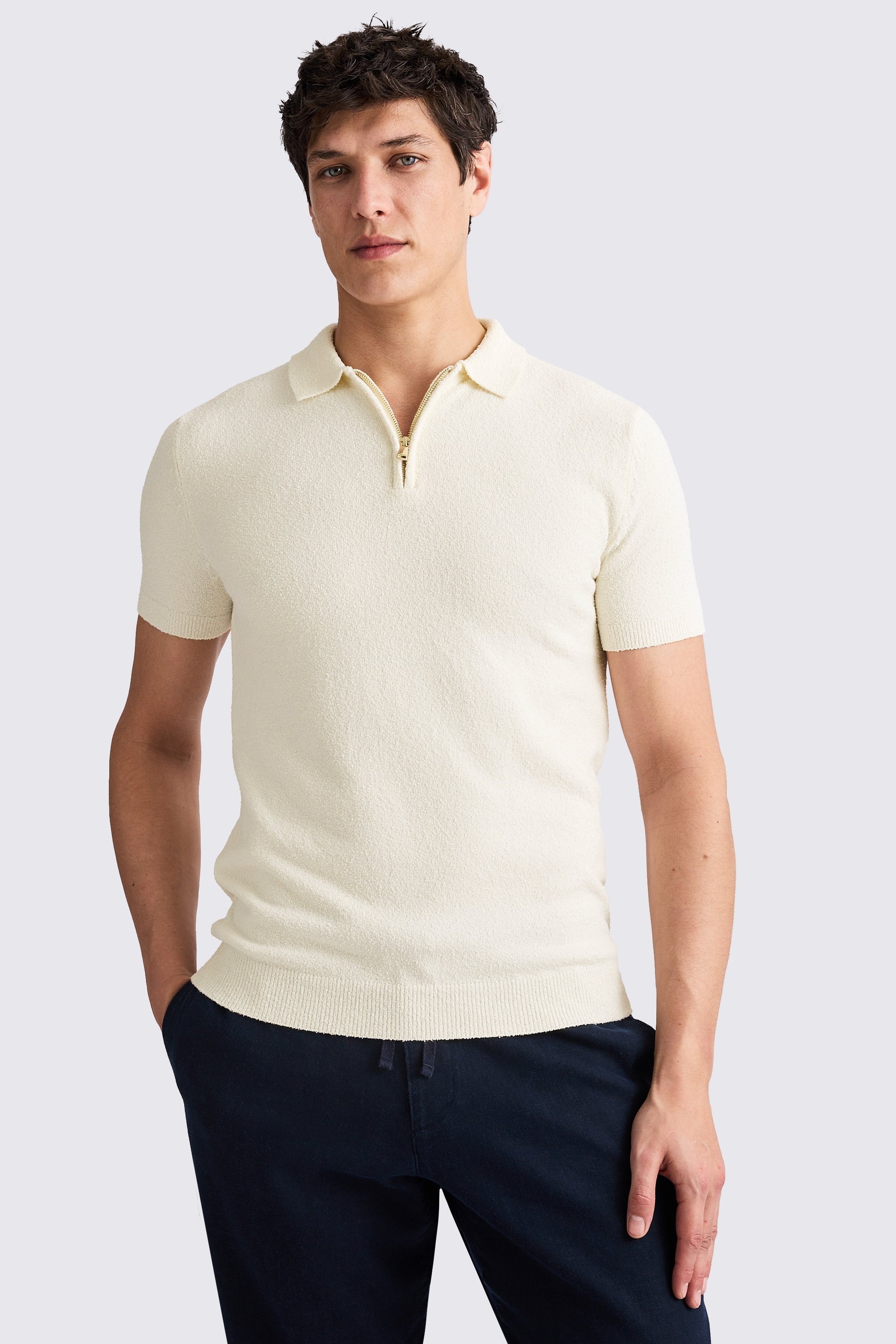 Ecru Bouclé Zip-Neck Polo Shirt