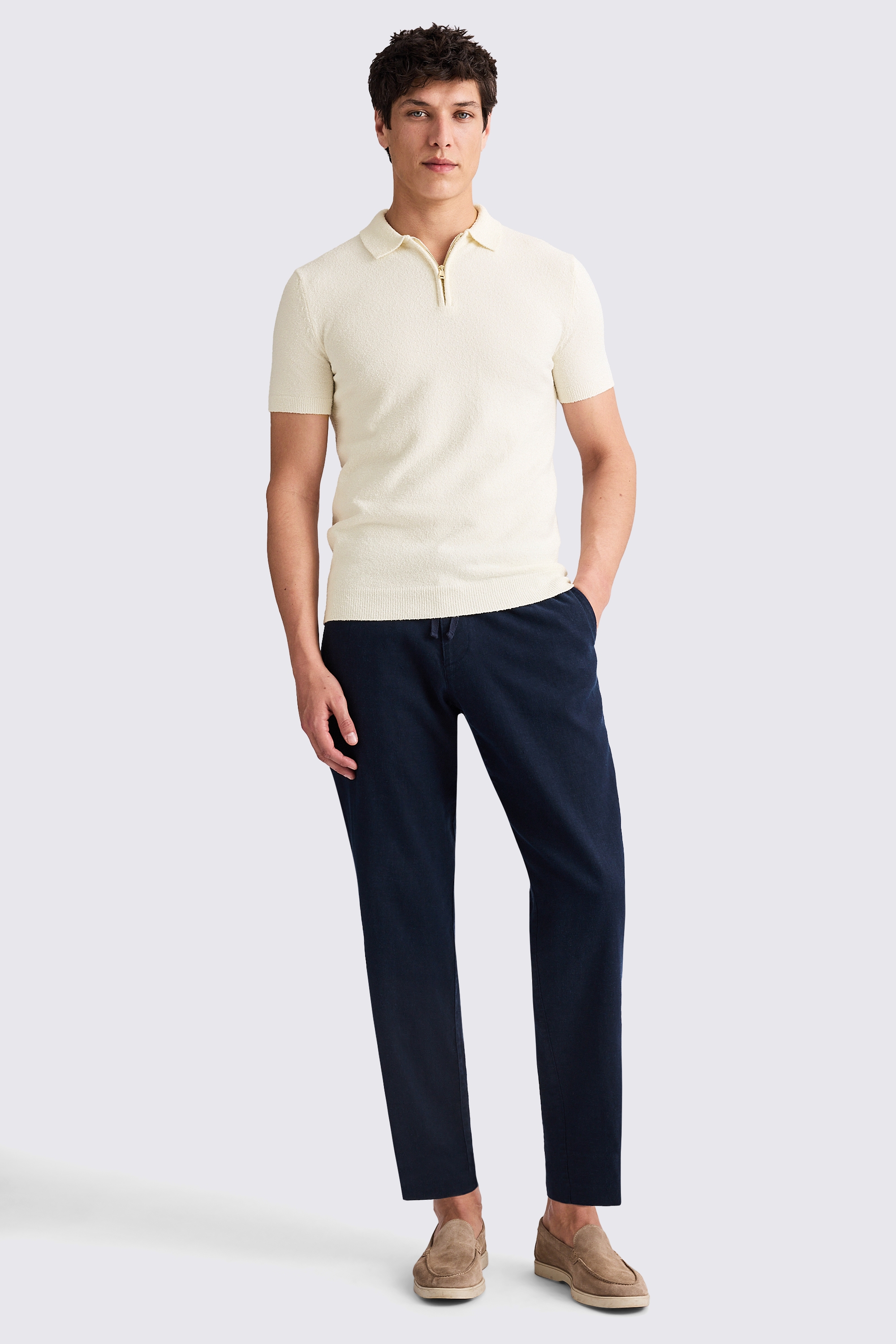 Ecru Bouclé Zip-Neck Polo Shirt