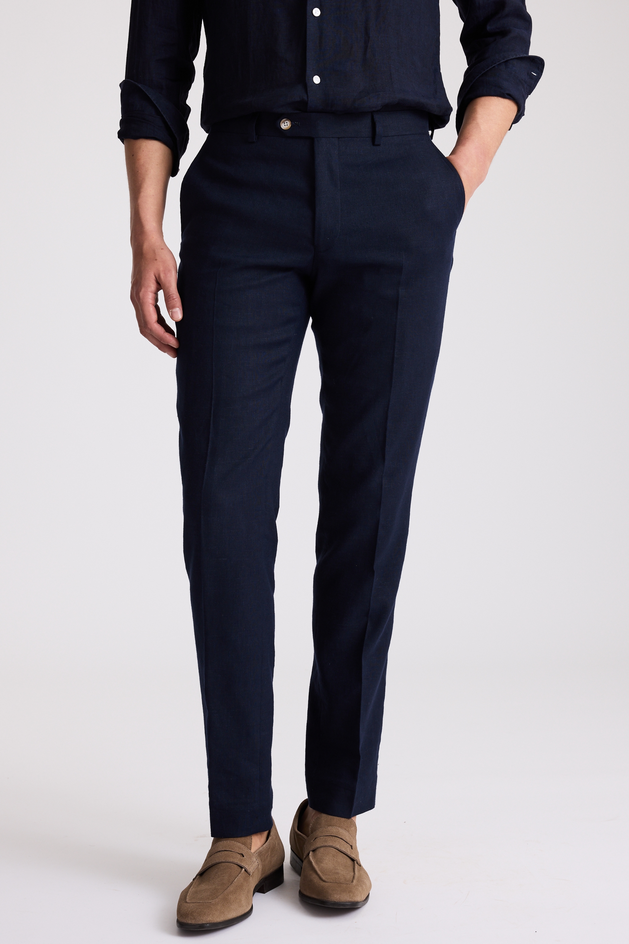 Tailored Fit Navy Matte Linen Trousers