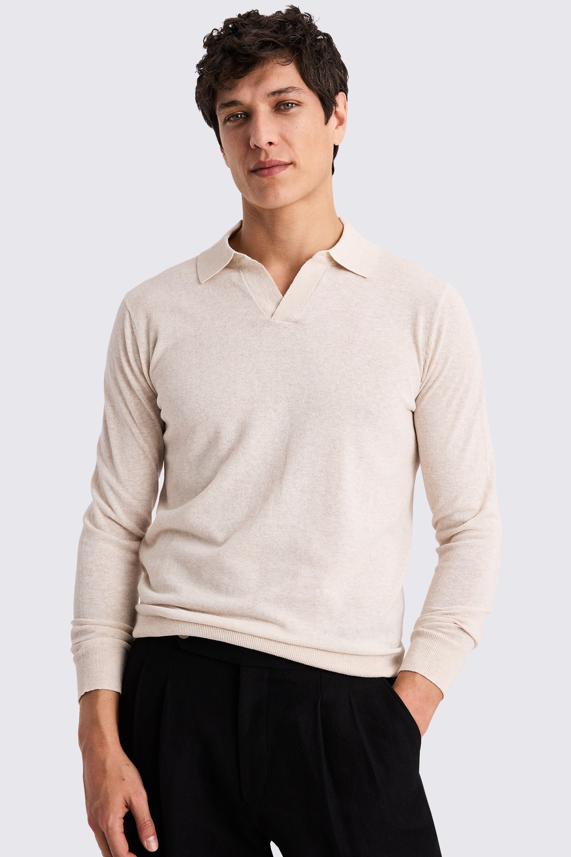 Oatmeal Linen-Blend Skipper Polo