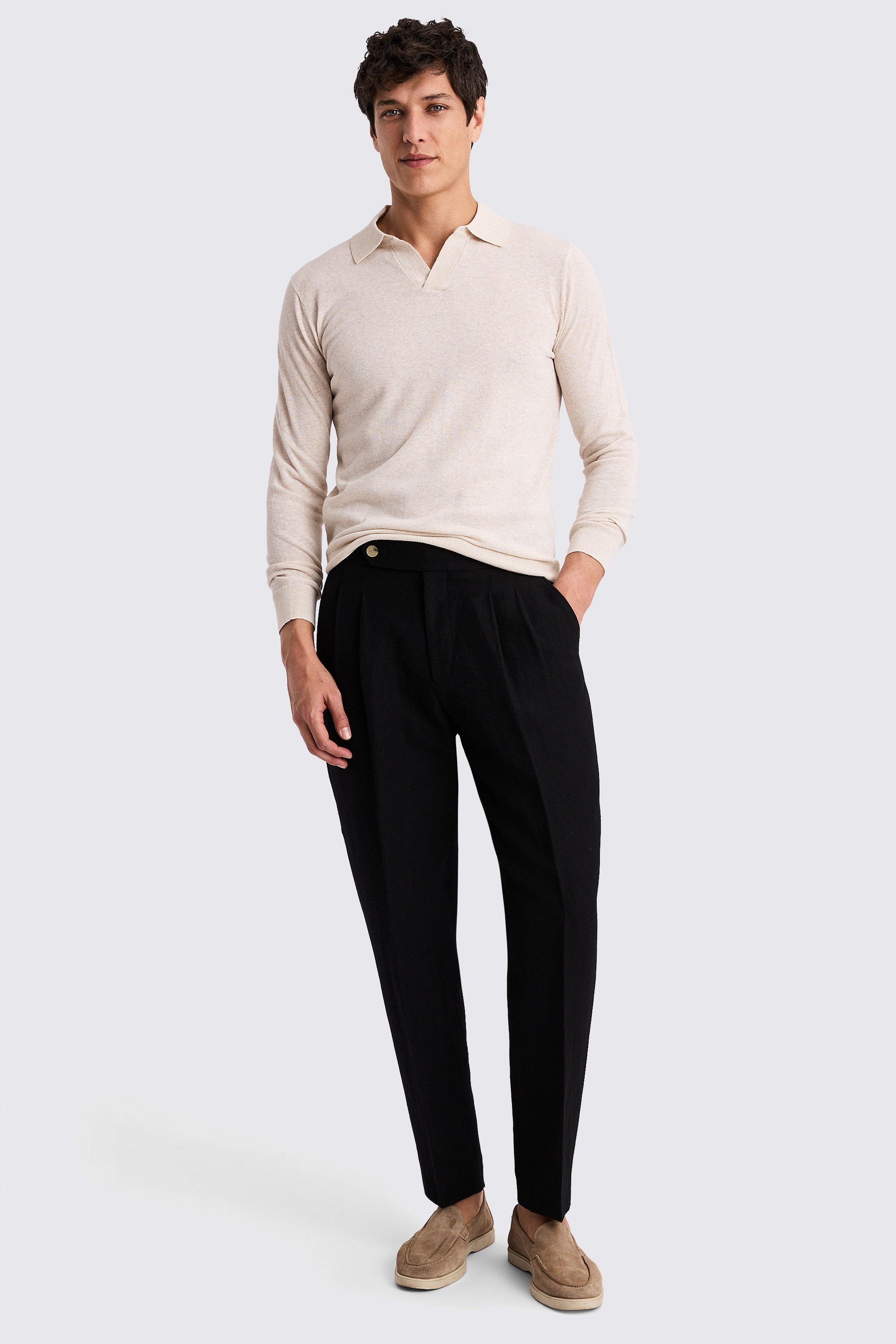 Oatmeal Linen-Blend Skipper Polo