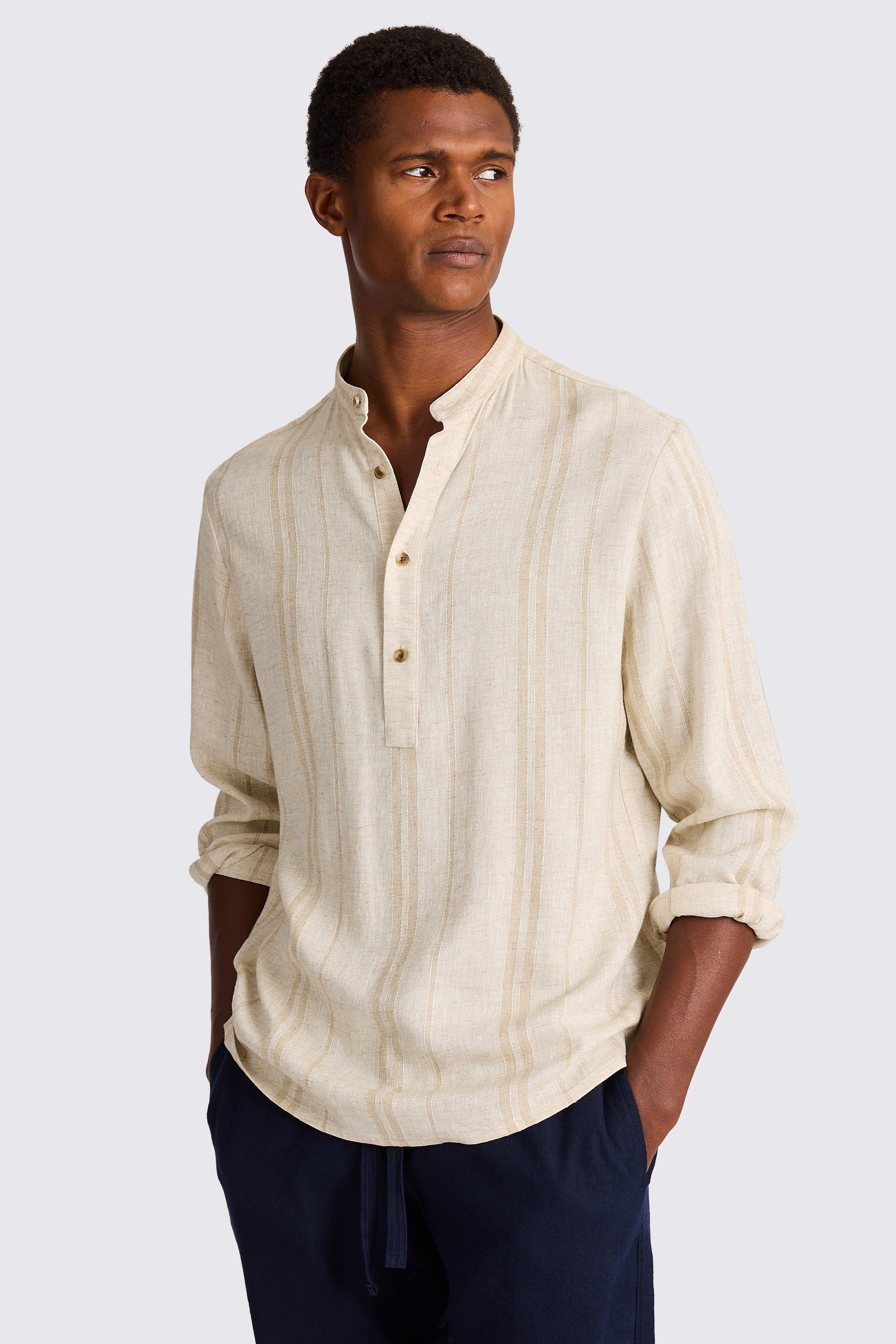 Grandad Popover Linen Wide Stripe Shirt