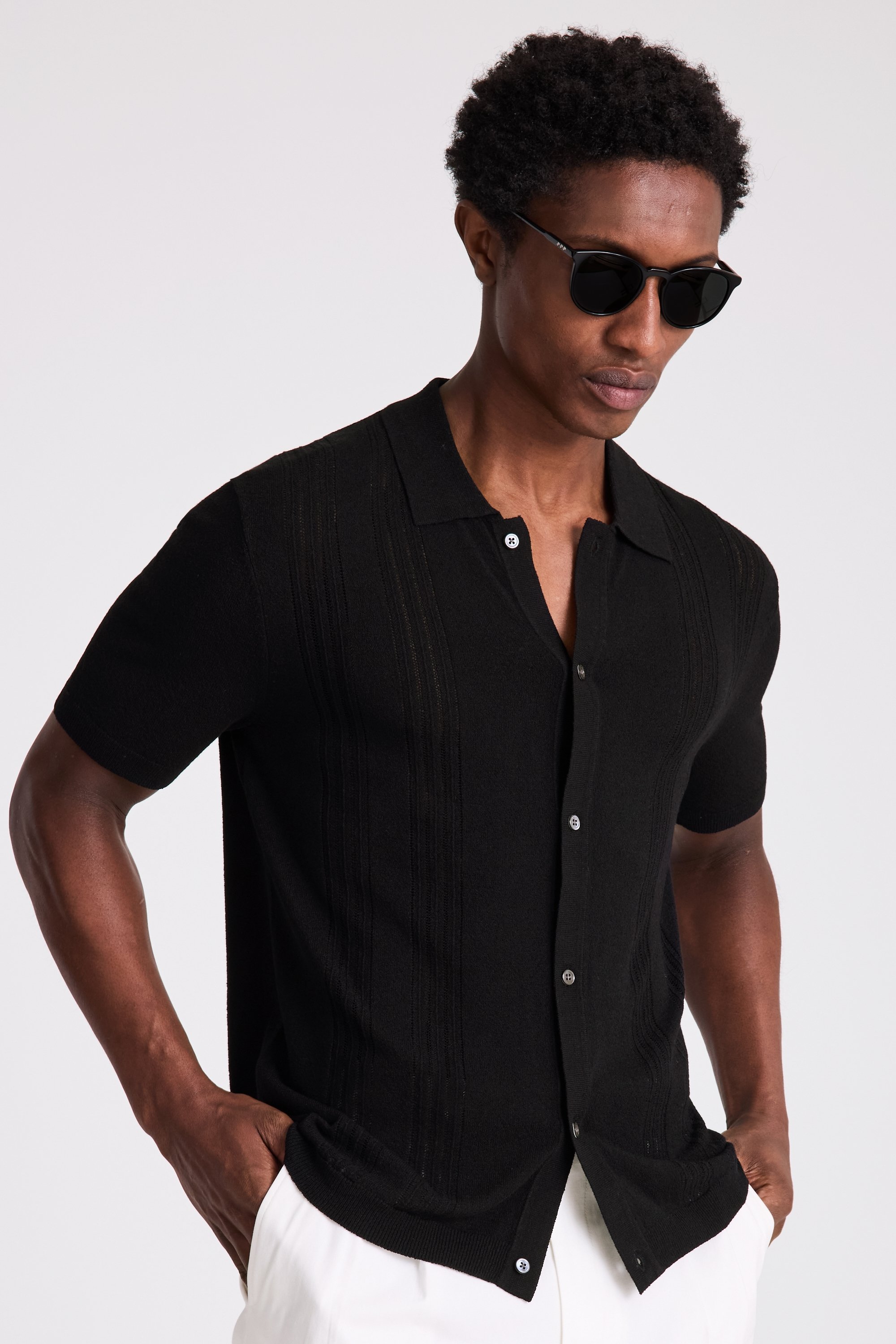 Black Bouclé Pointelle Button Through Shirt