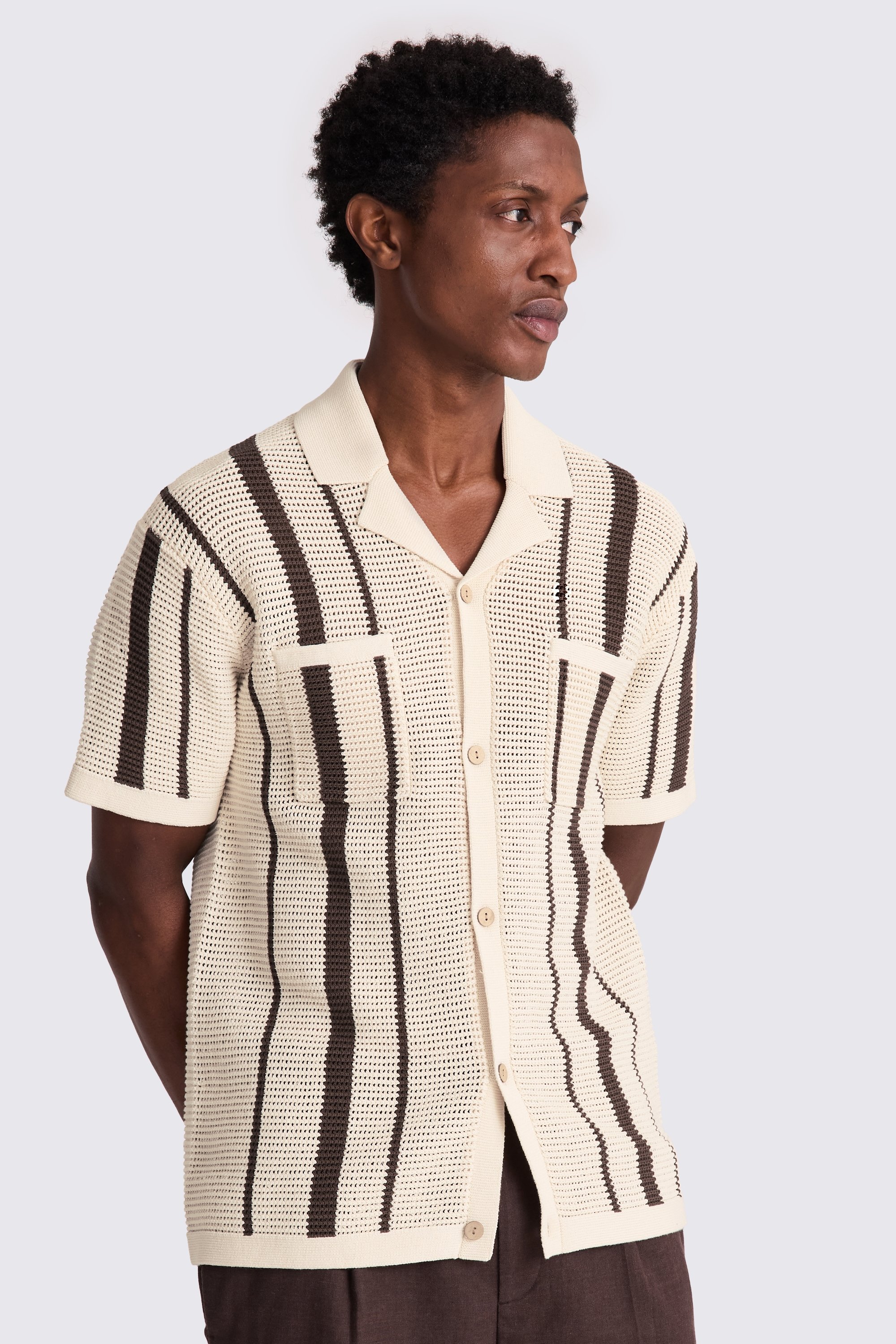 Ecru & Brown Stripe Open Knit Shirt
