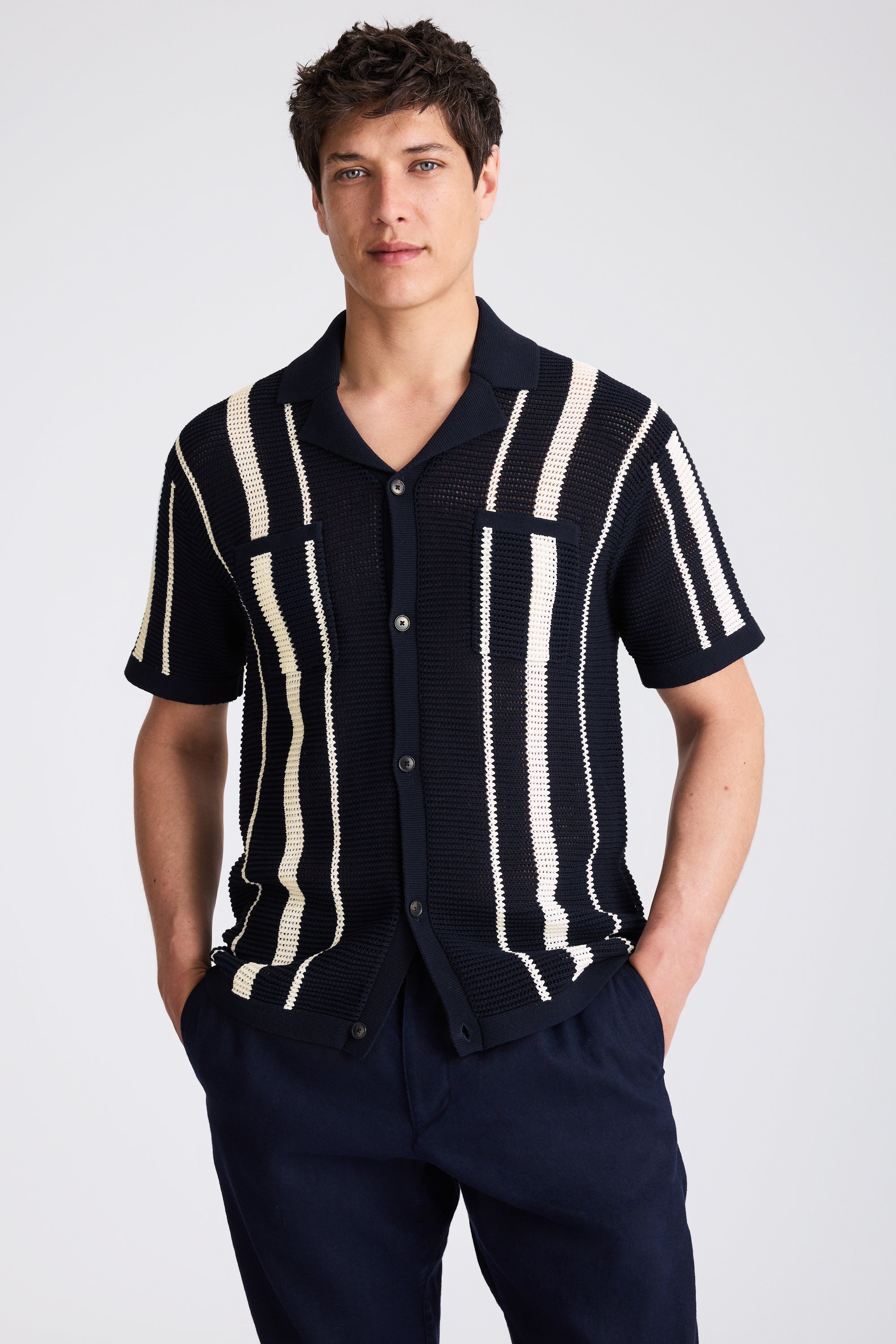 Navy & White Stripe Open Knit Shirt