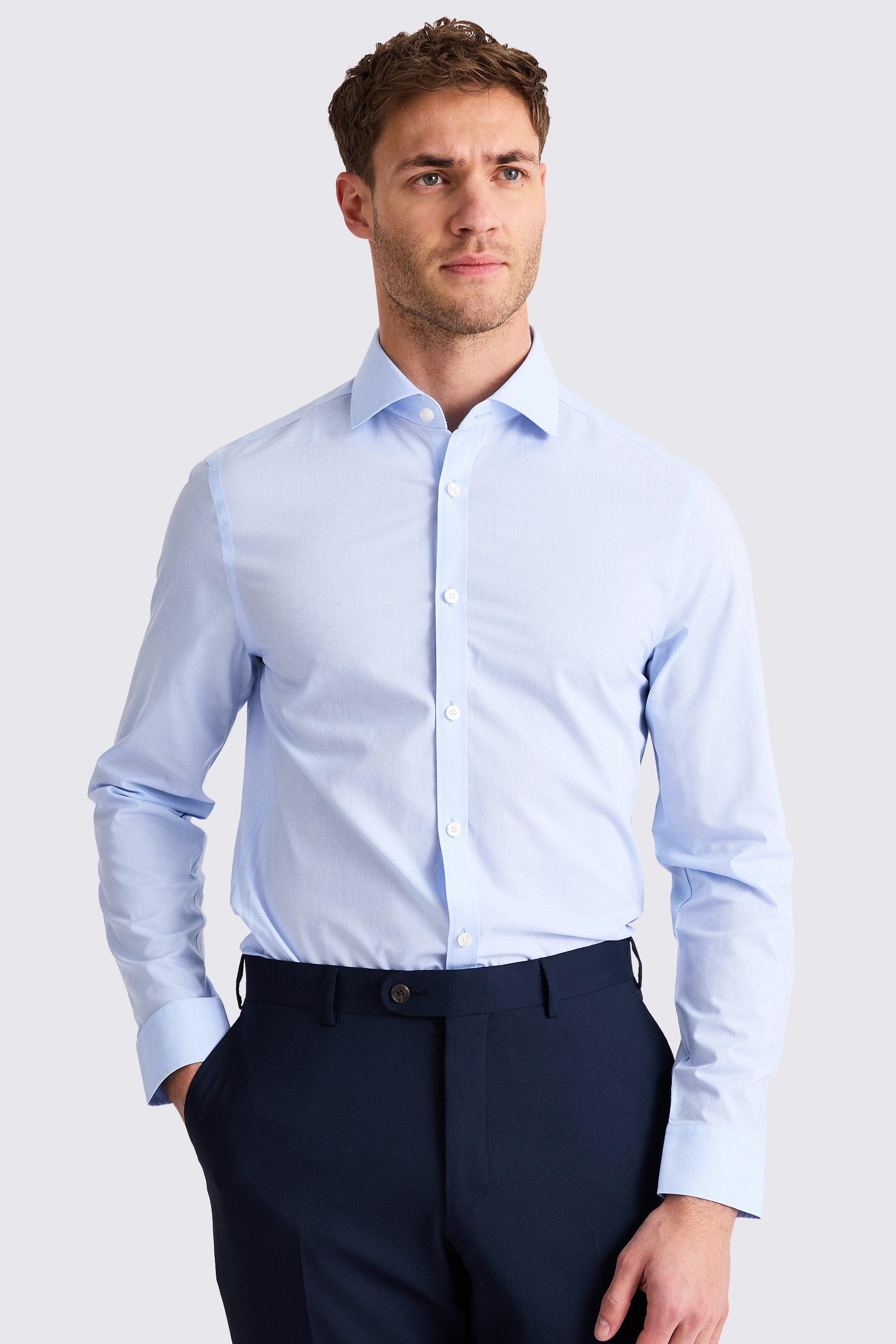 Slim Fit Sky Prince of Wales Check Non-Iron Shirt
