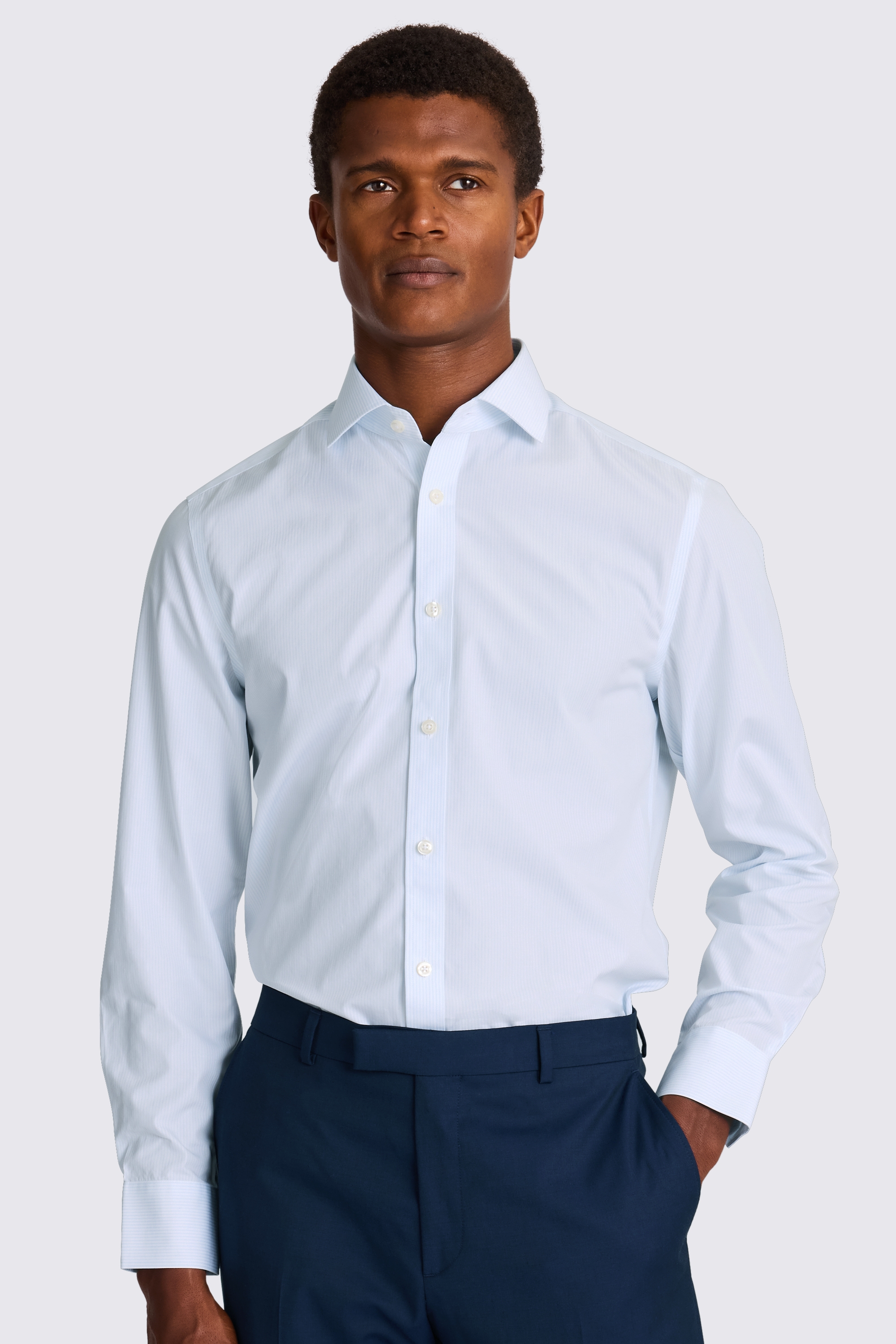 Tailored Fit White and Sky Poplin Stripe Non-Iron Shirt