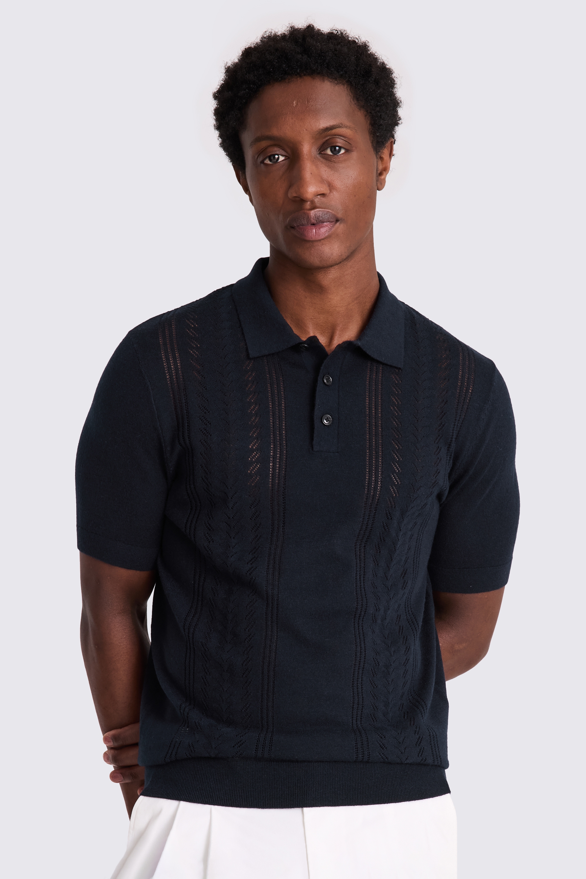 Navy 3 Button Pointelle Polo Shirt
