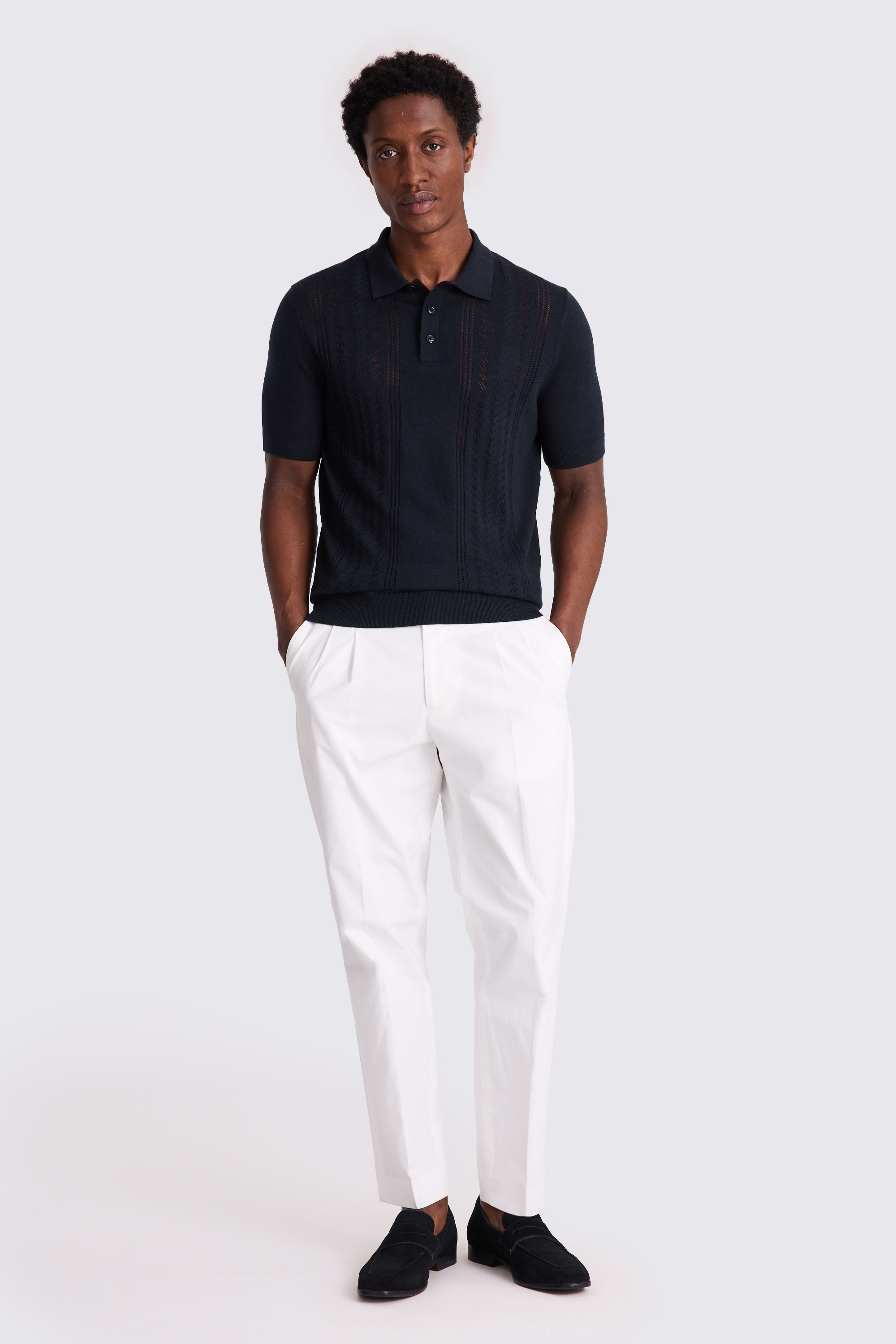 Navy 3 Button Pointelle Polo Shirt