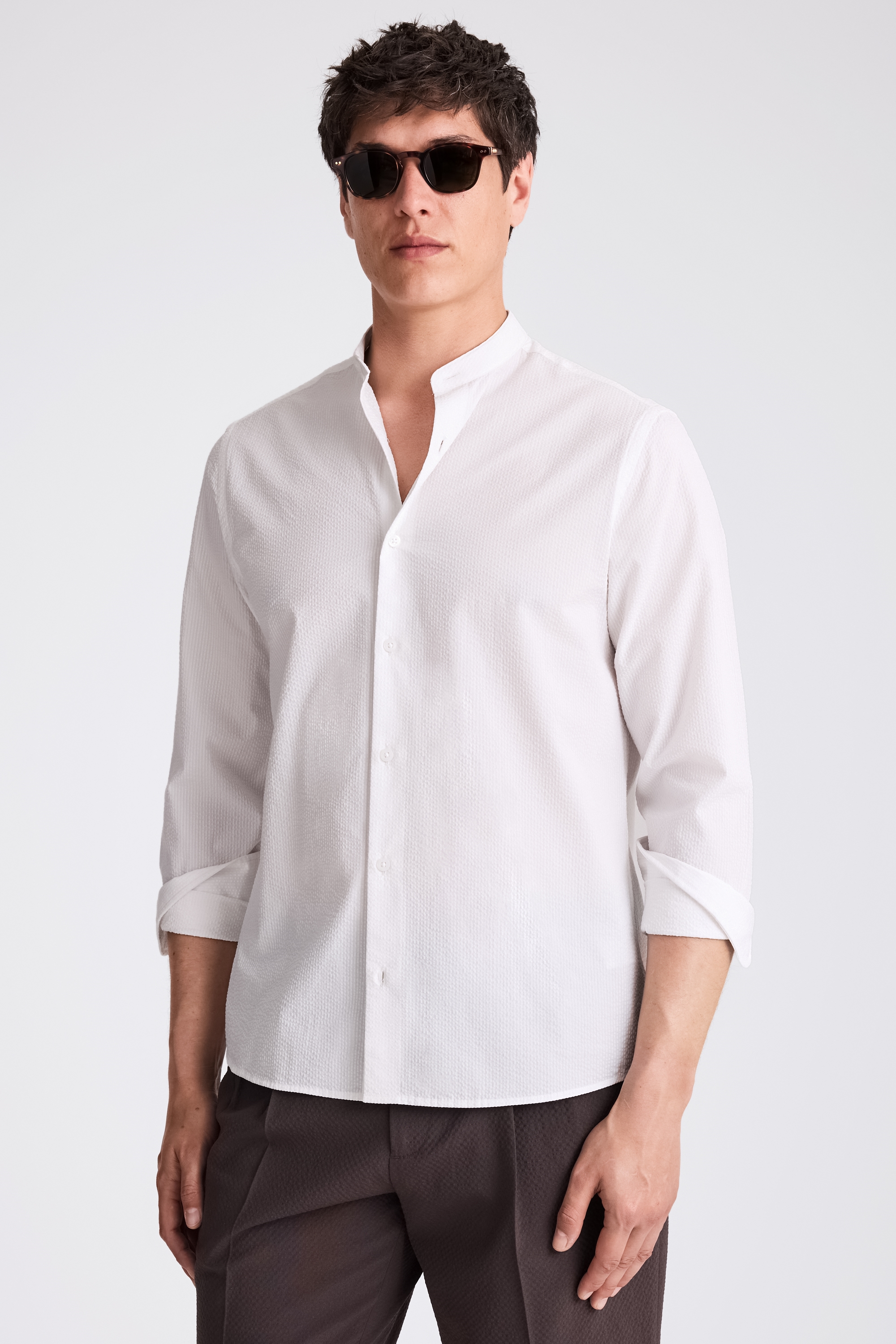 White Seersucker Grandad Collar Shirt