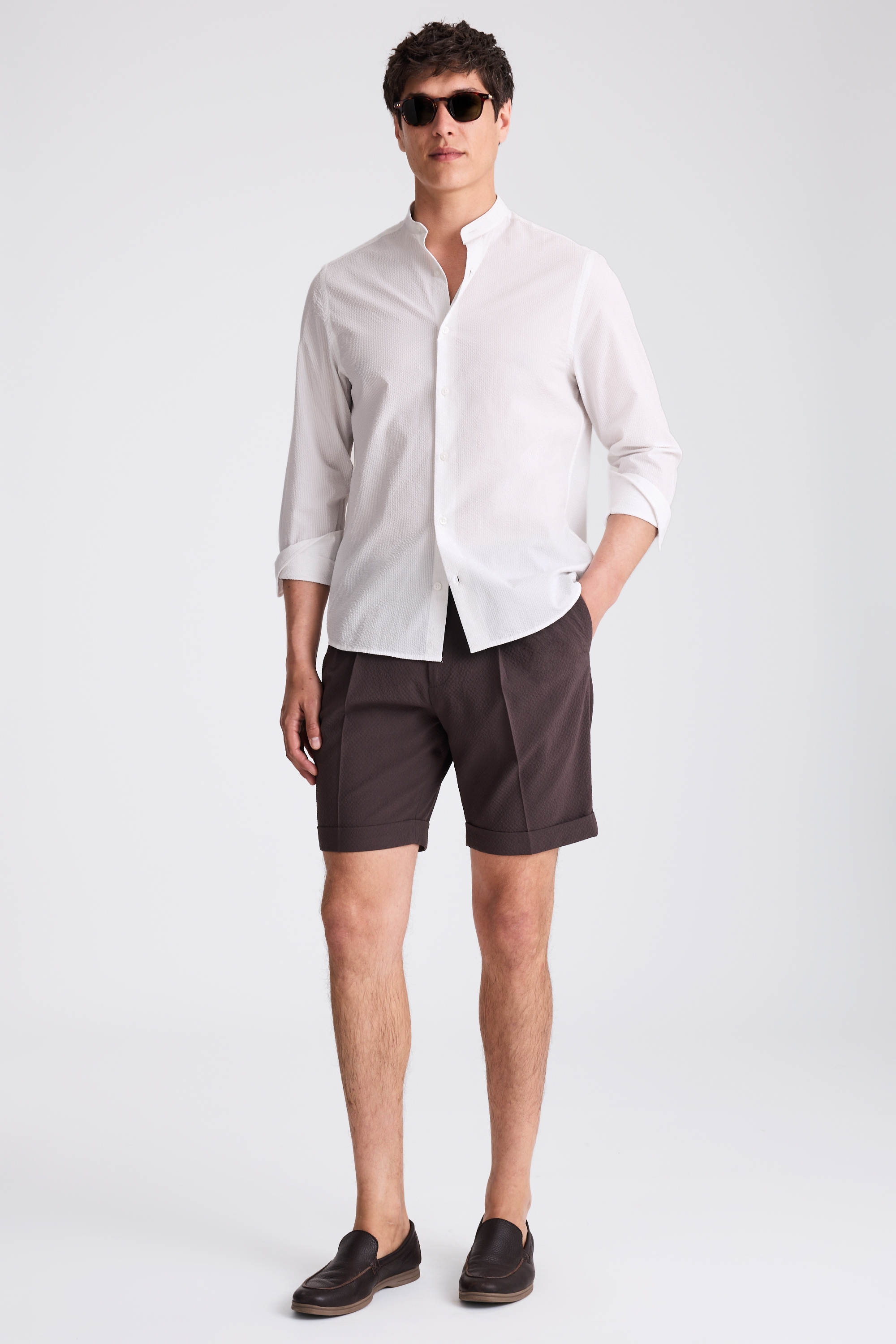 White Seersucker Grandad Collar Shirt