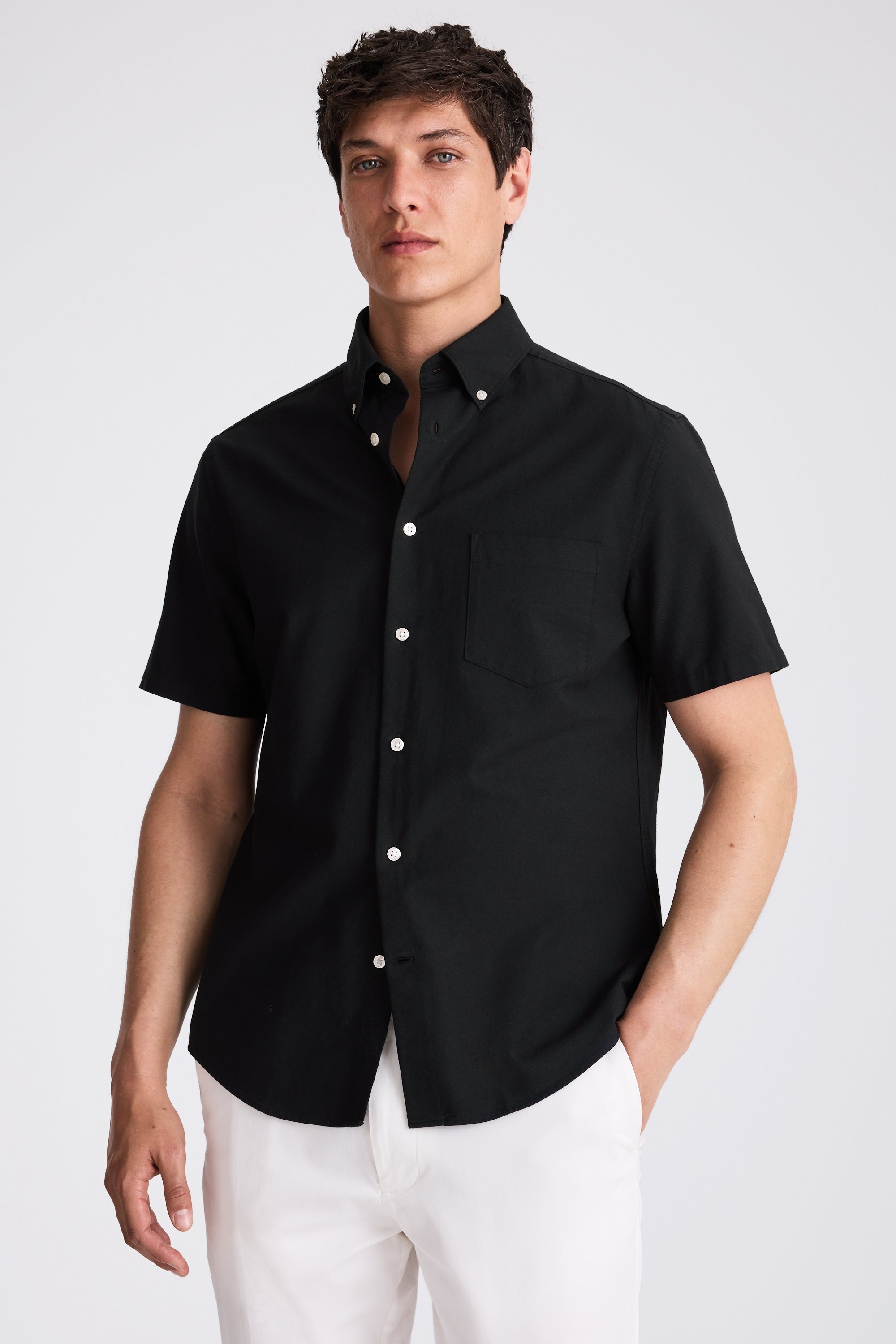 Black Short Sleeve Washed Oxford Shirt
