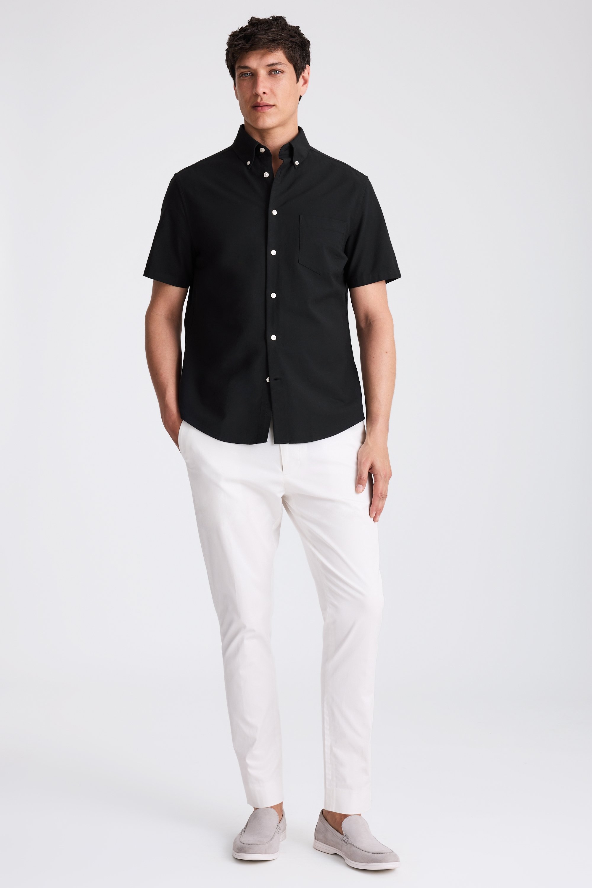 Black Short Sleeve Washed Oxford Shirt