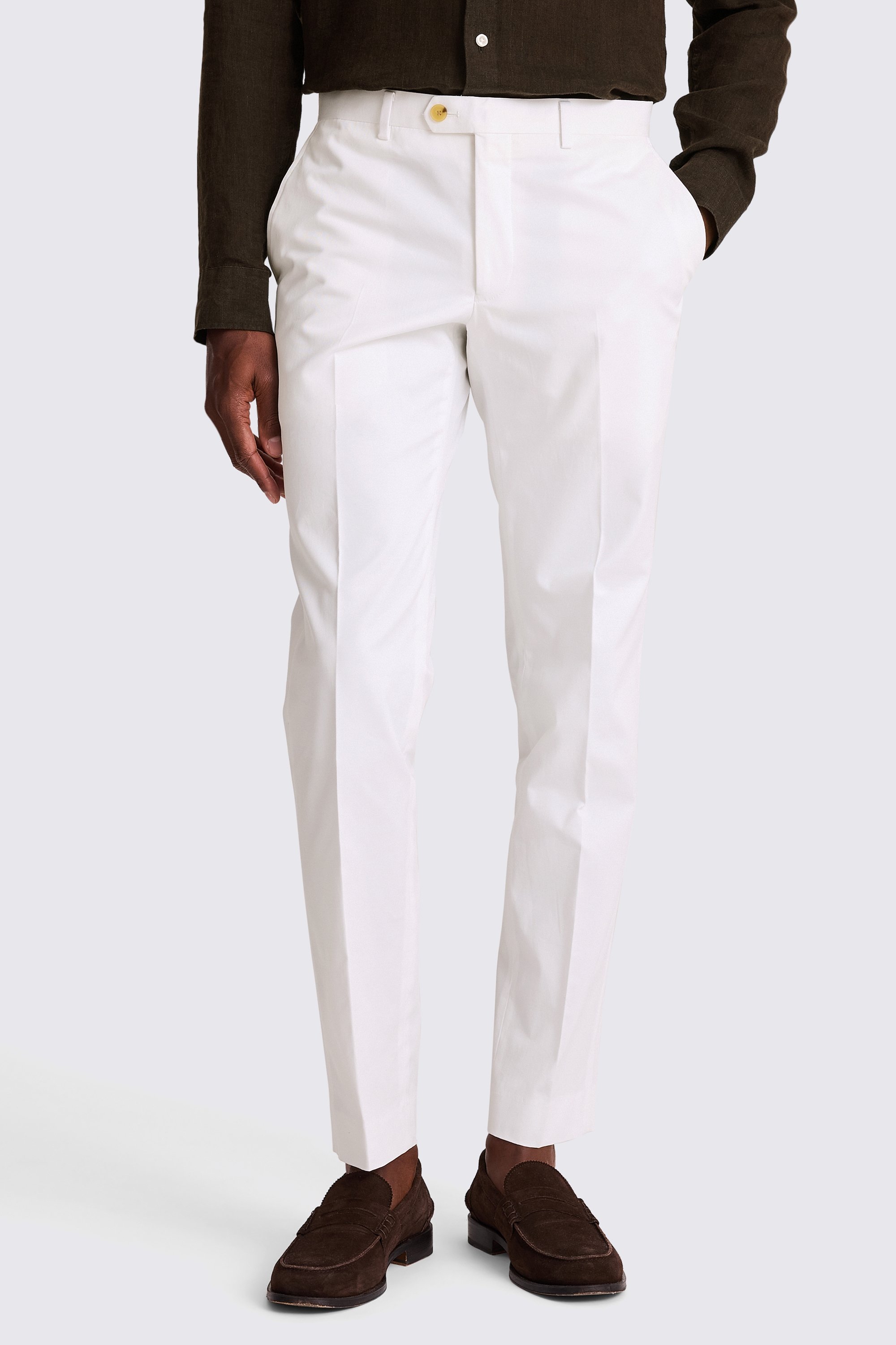 Slim Fit White Cotton Tailored Trousers