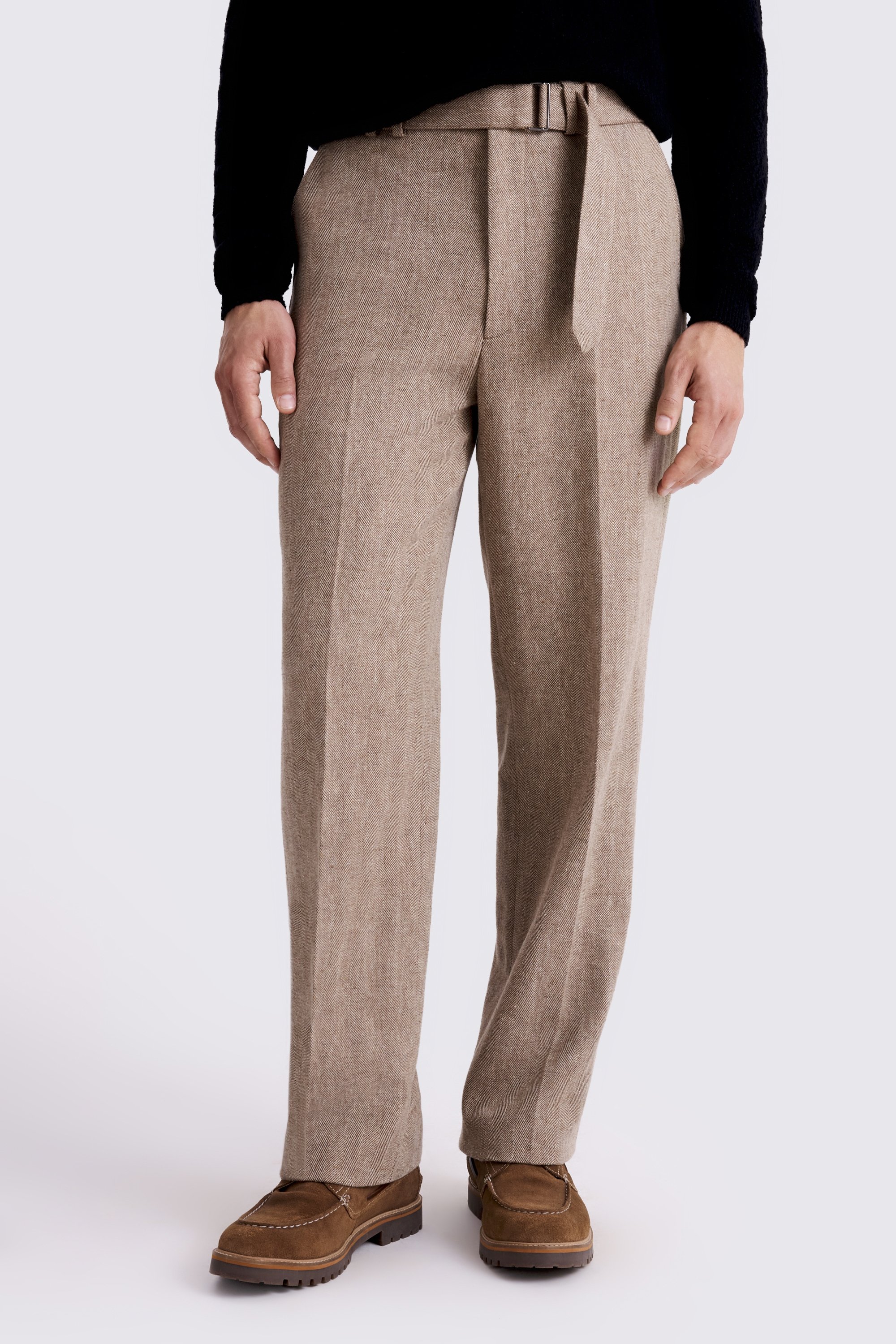 Brown Herringbone Self Belt Pants
