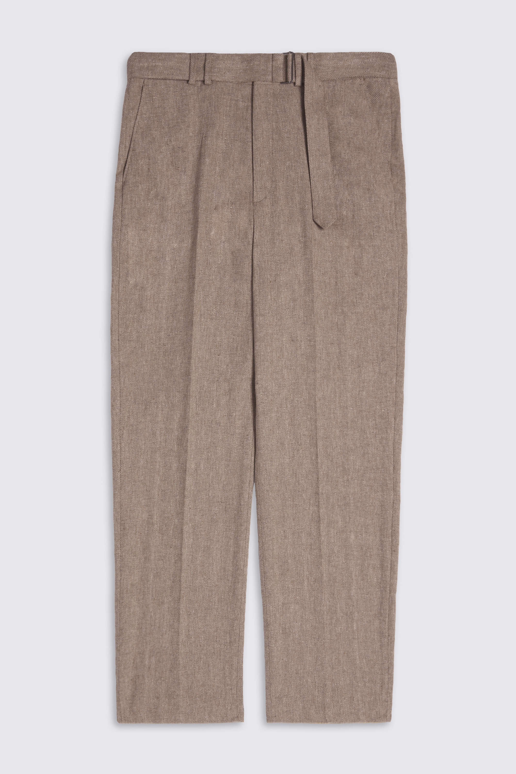 Brown Herringbone Self Belt Pants