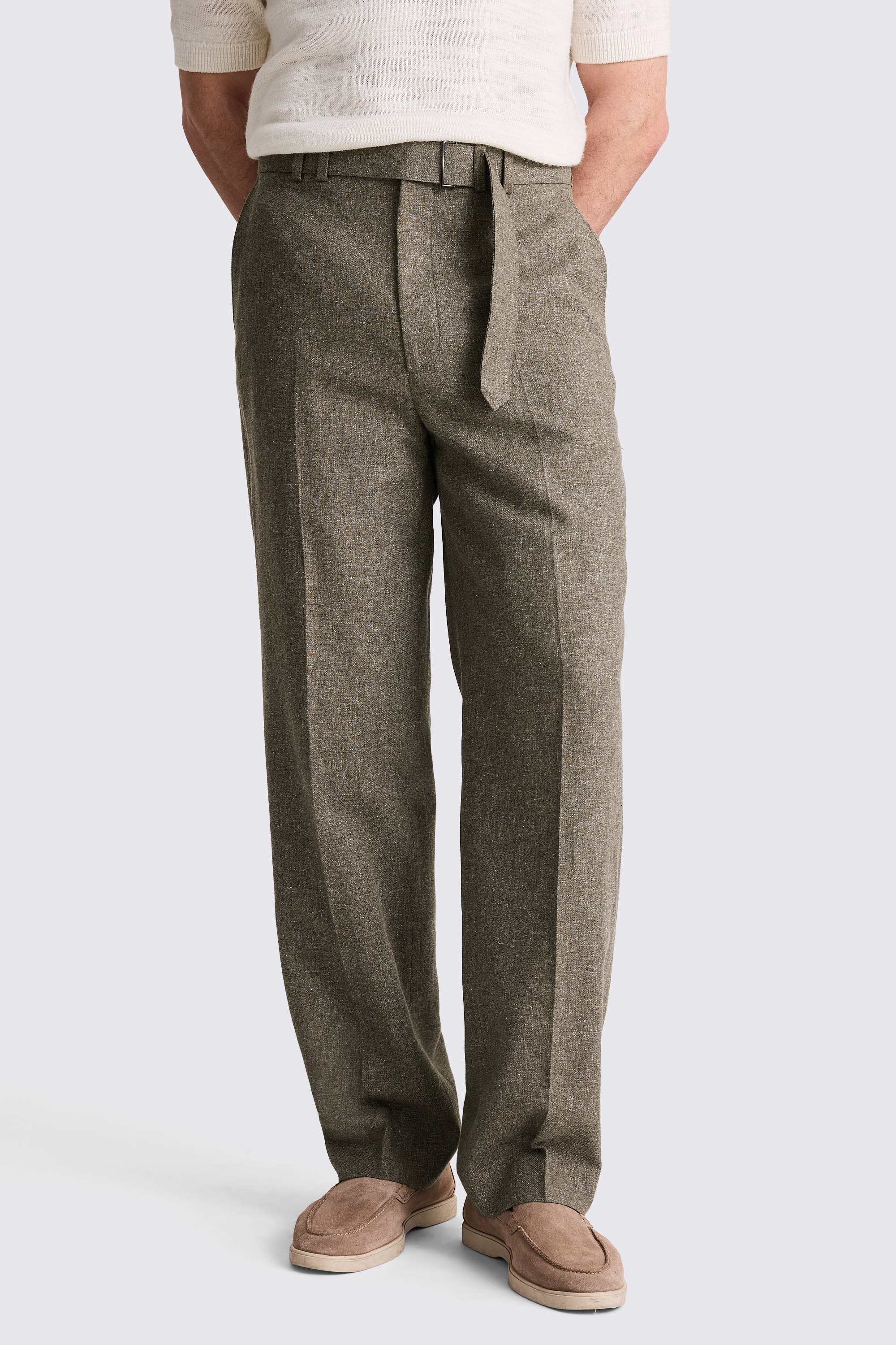 Khaki Cotton Linen Self Belt Trousers