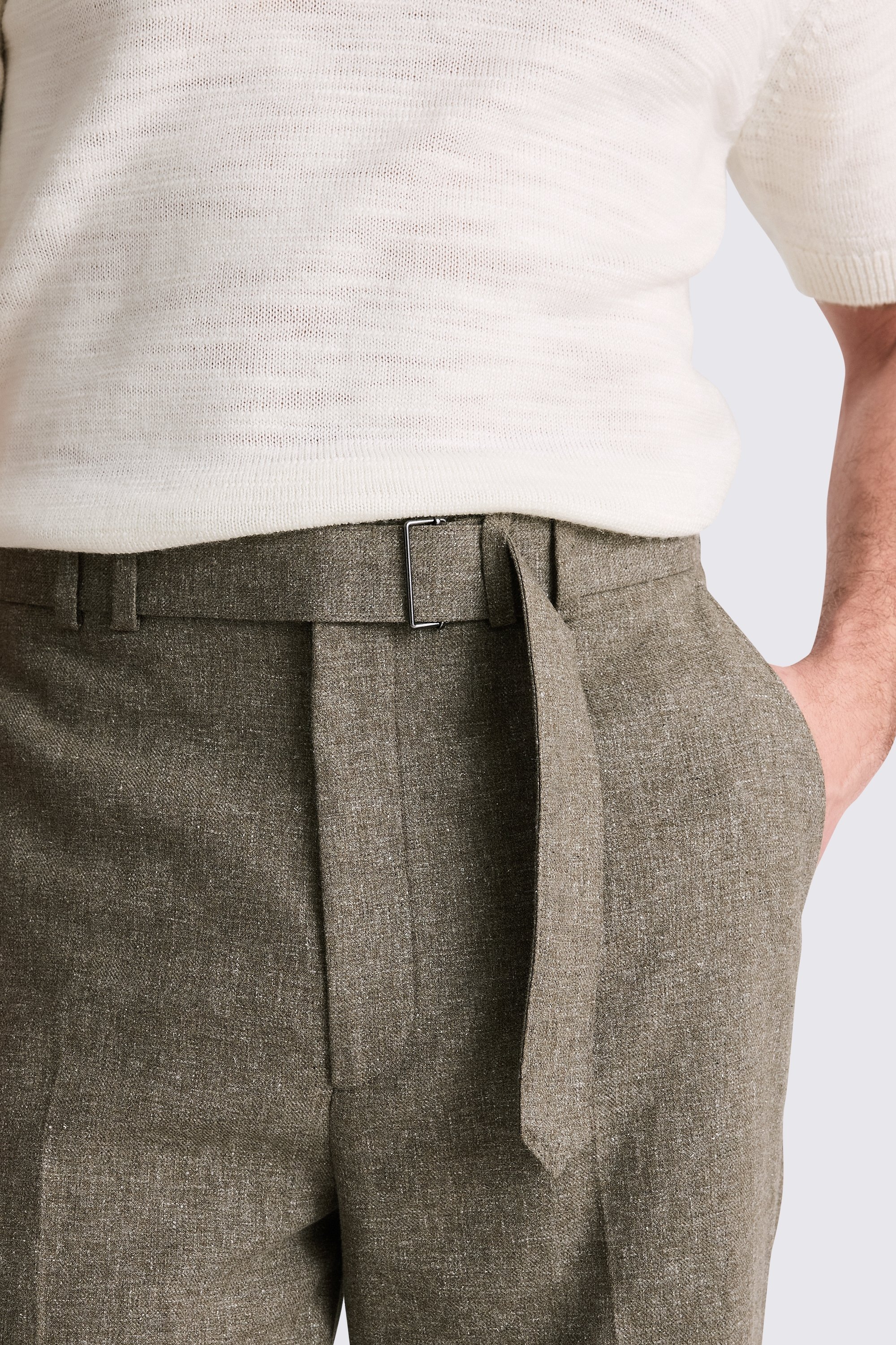 Khaki Cotton Linen Self Belt Trousers