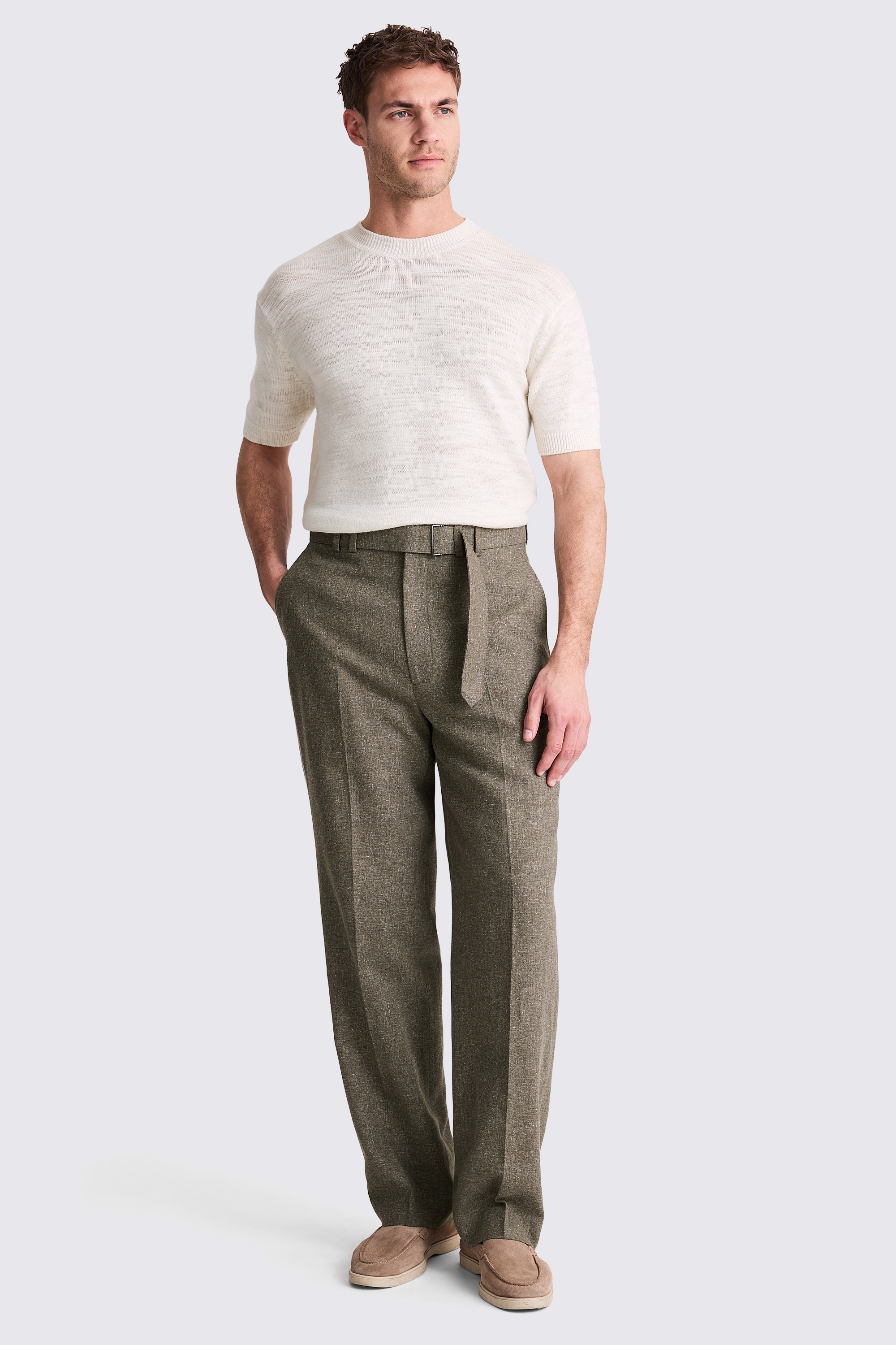 Khaki Cotton Linen Self Belt Trousers