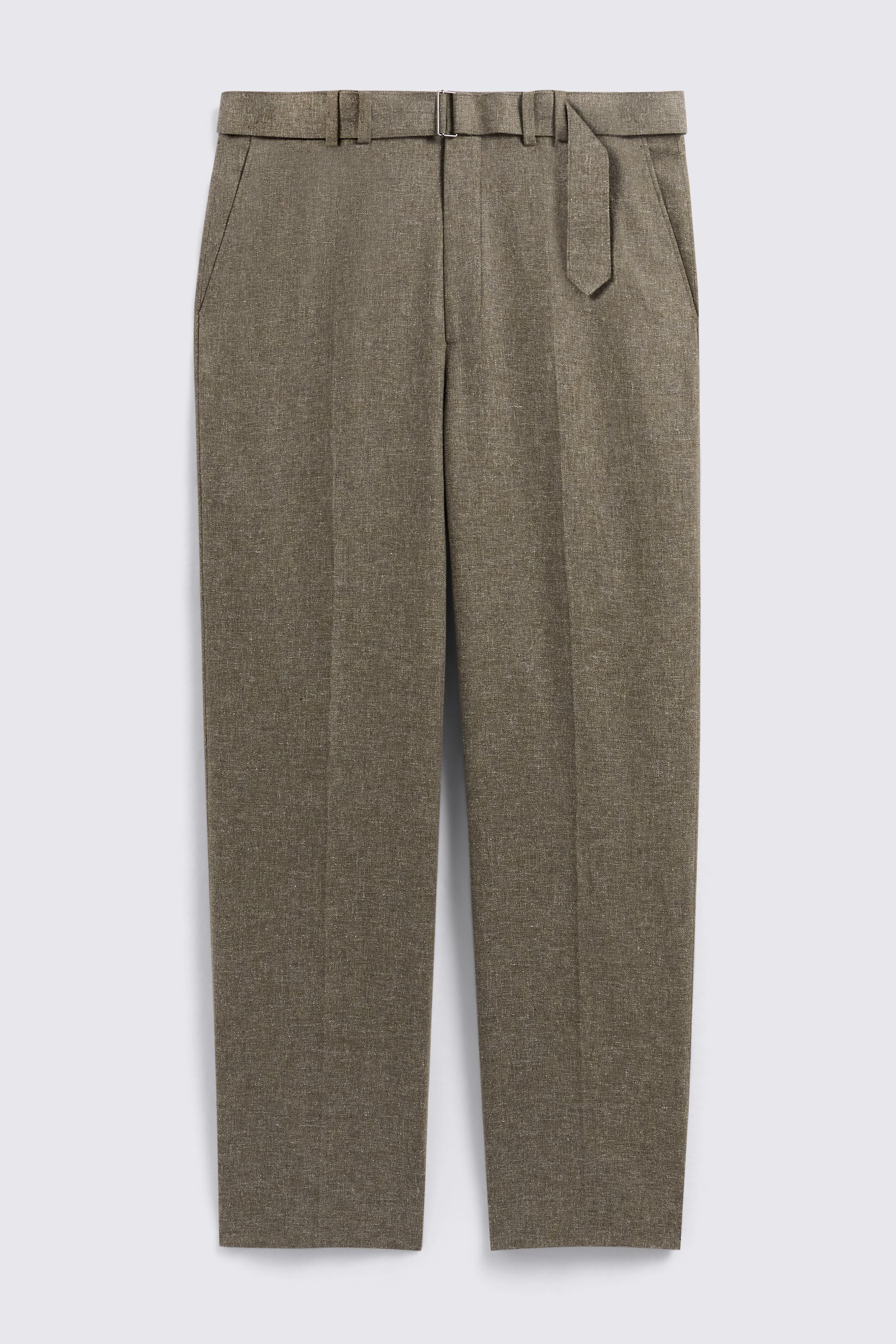Khaki Cotton Linen Self Belt Trousers